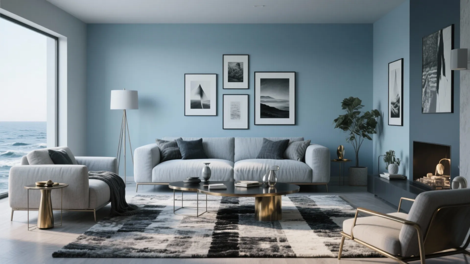 Contemporary living room in cool Coastal Steel blue-grey with linen sofa and mixed-metal accents.