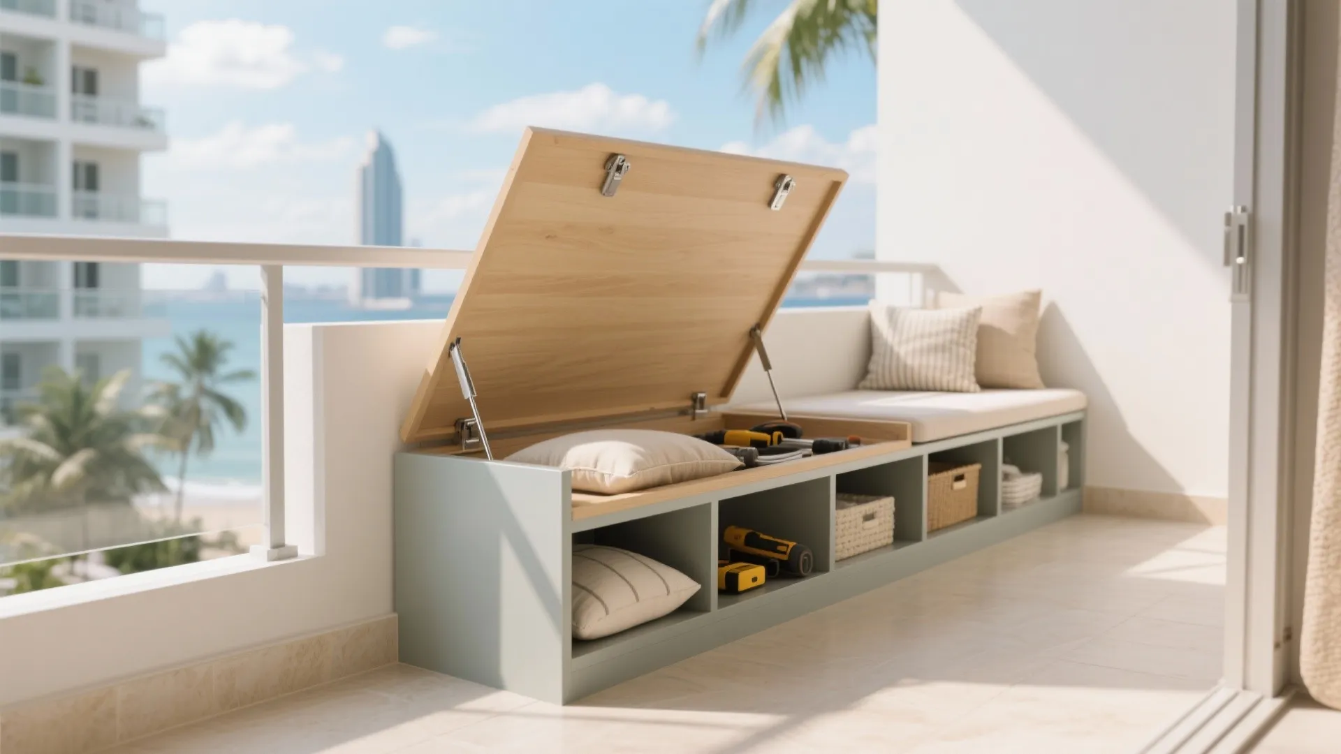Modern outdoor storage bench with open lid showing tools and pillows on a sunny balcony