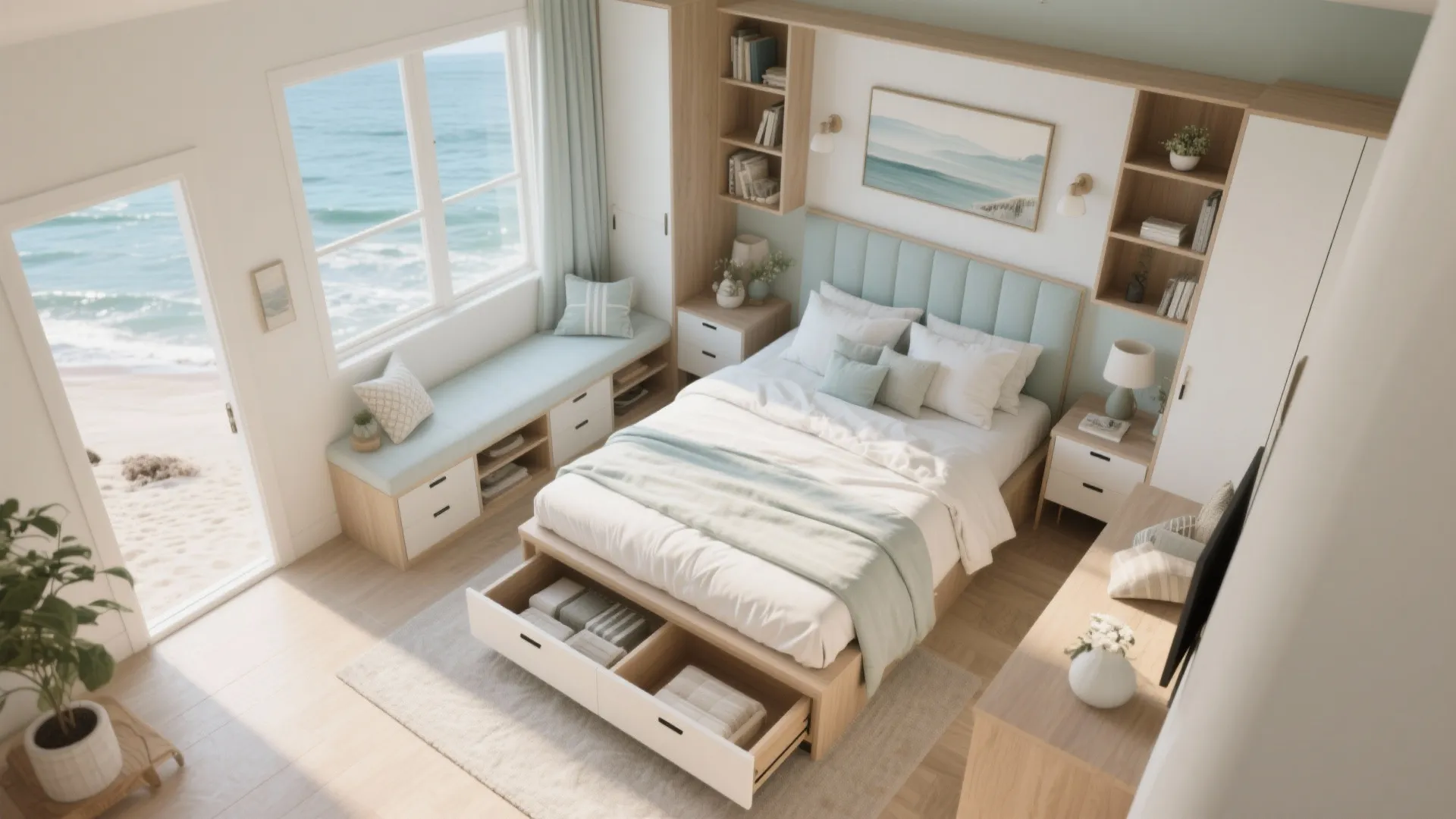 Top view of bedroom layout with storage bed built in cabinets window seat and ocean view