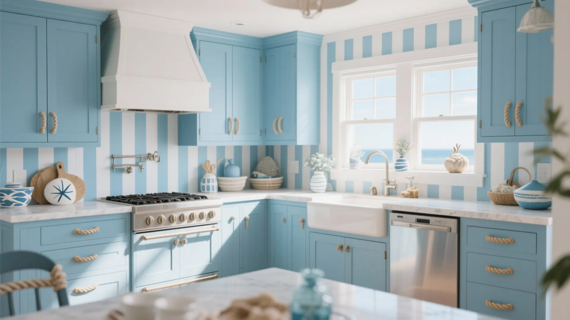Coastal kitchen featuring blue cabinets white striped walls marble counters rope handles and large white sink