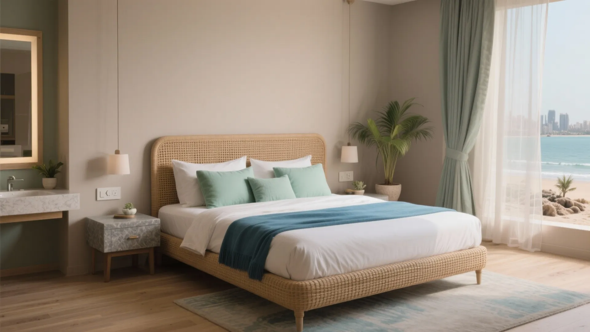 Modern coastal bedroom featuring a woven bed frame with blue bedding and a beach view