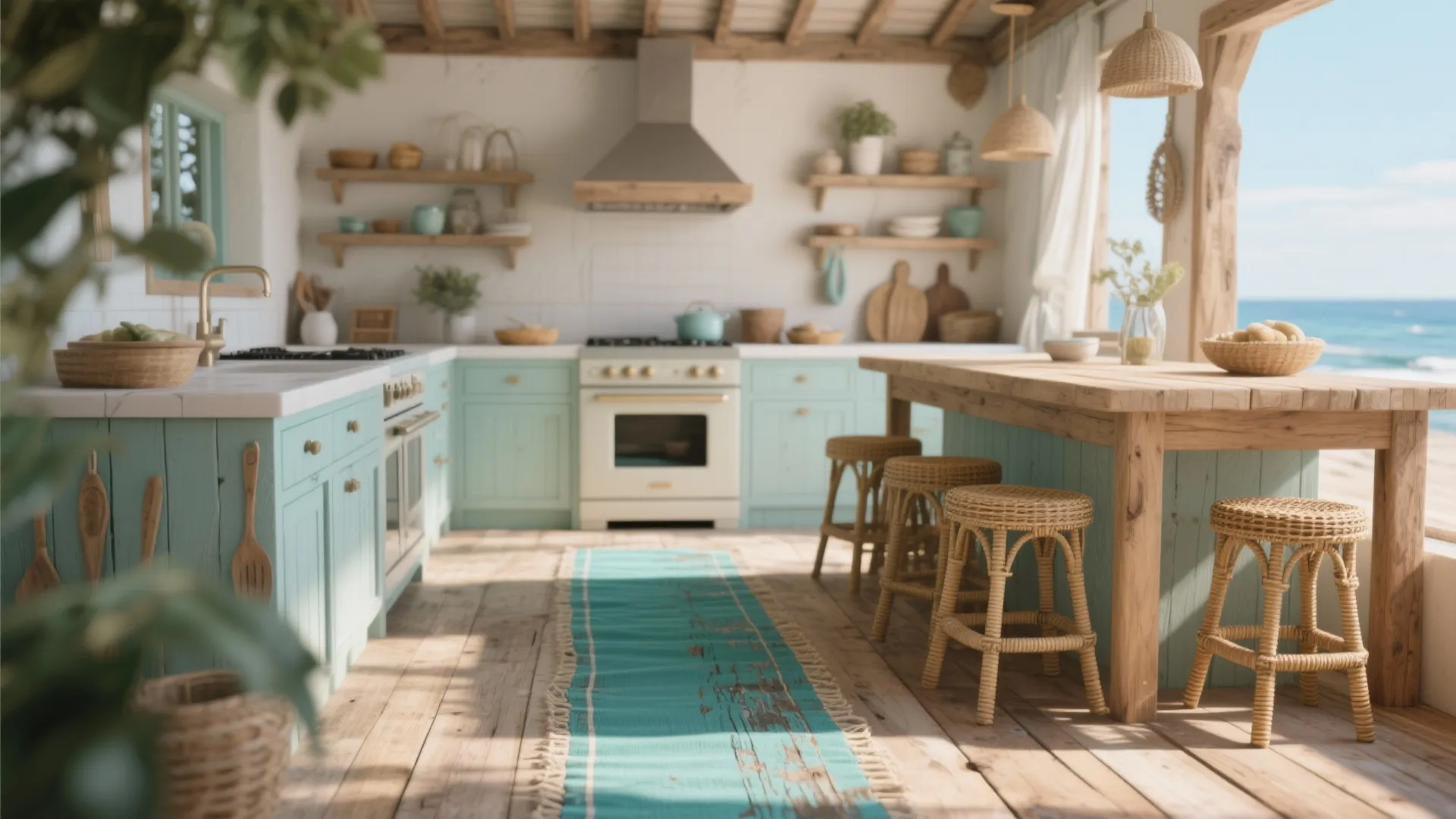 5. Coastal teal runner for seaside or coastal-themed kitchens