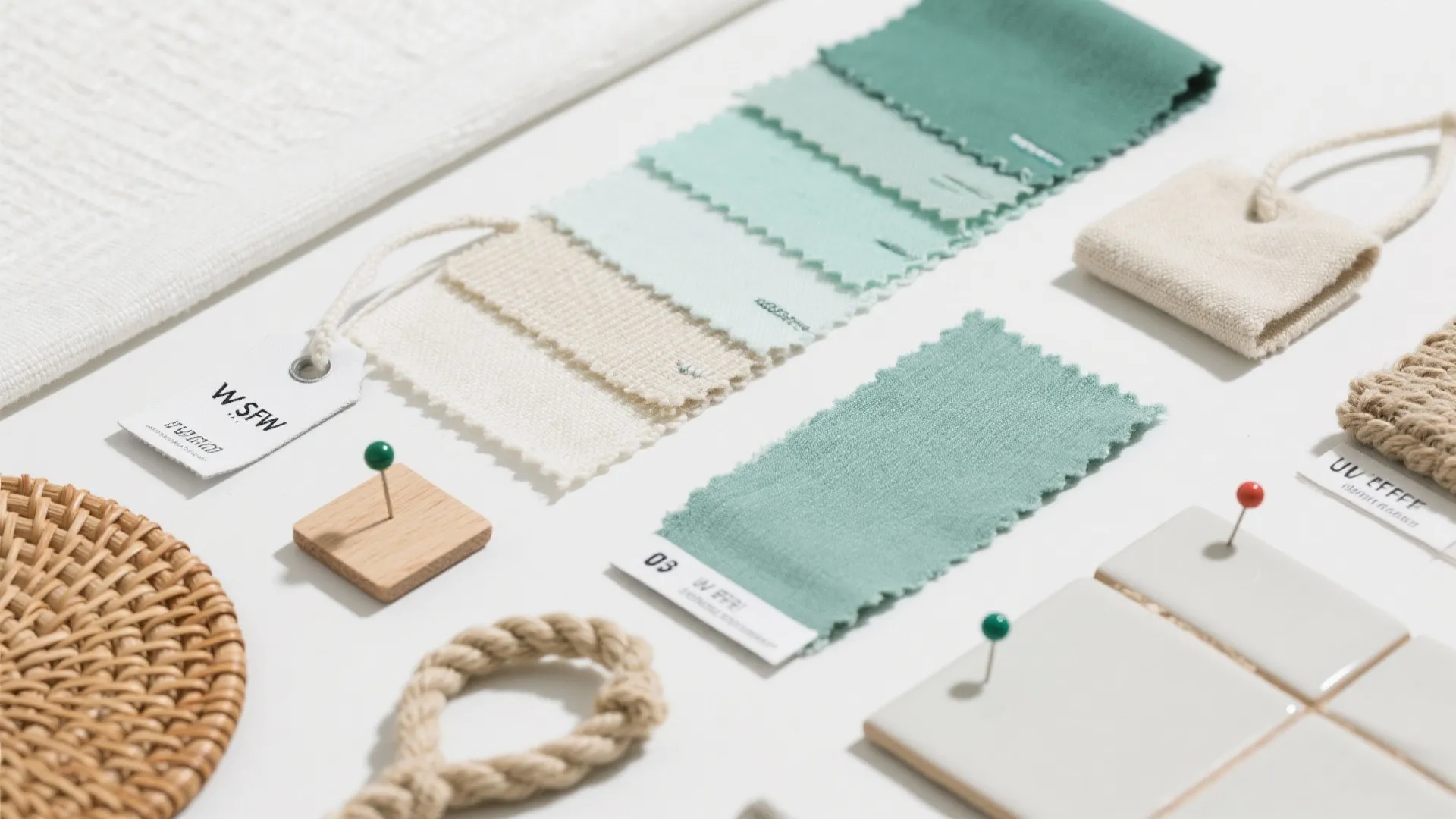 Flat lay of coastal palette fabrics and materials with UV-resistant performance textiles.