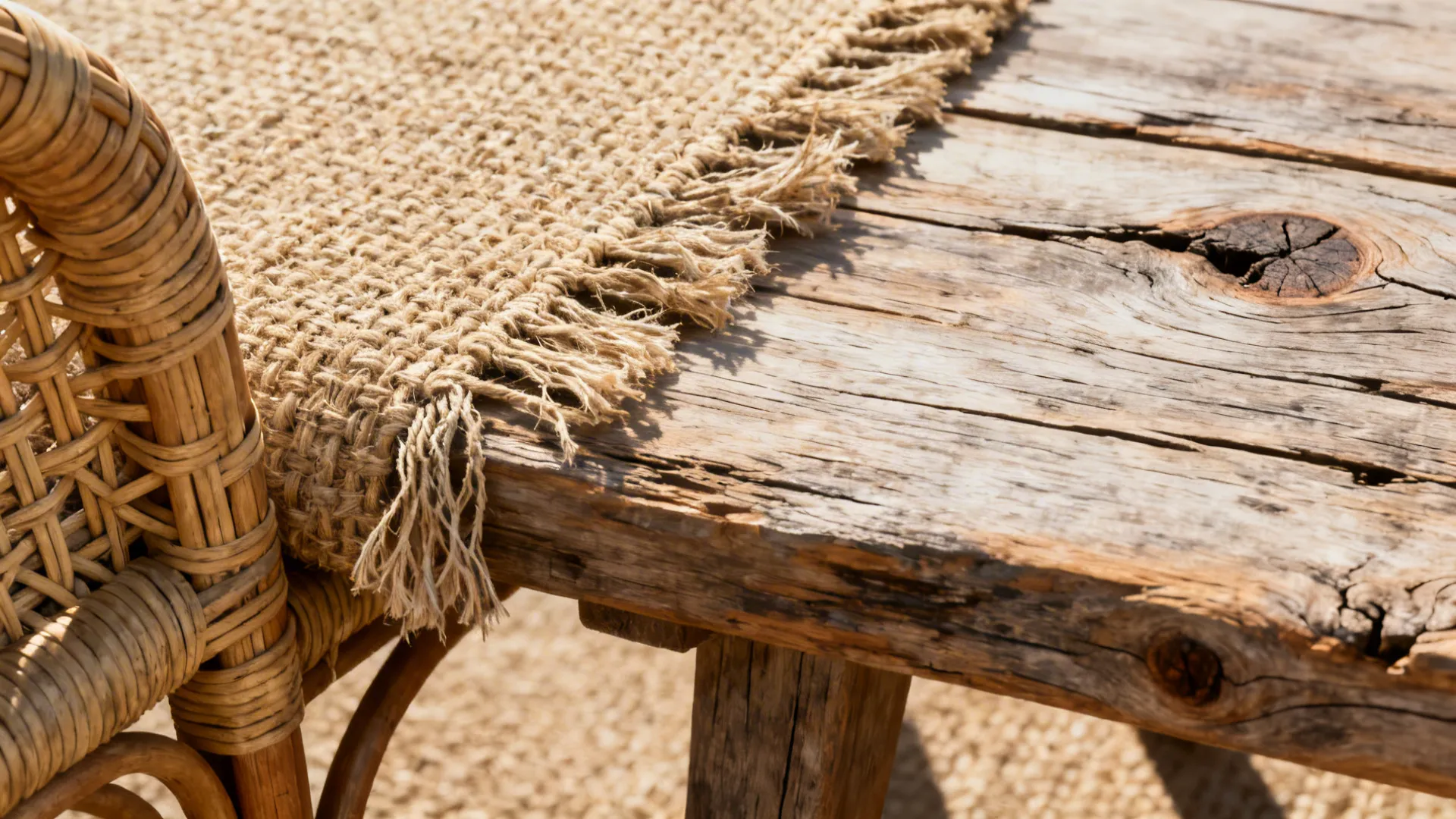 Close-up of jute rug, rattan weave and reclaimed wood grain showing tactile coastal textures