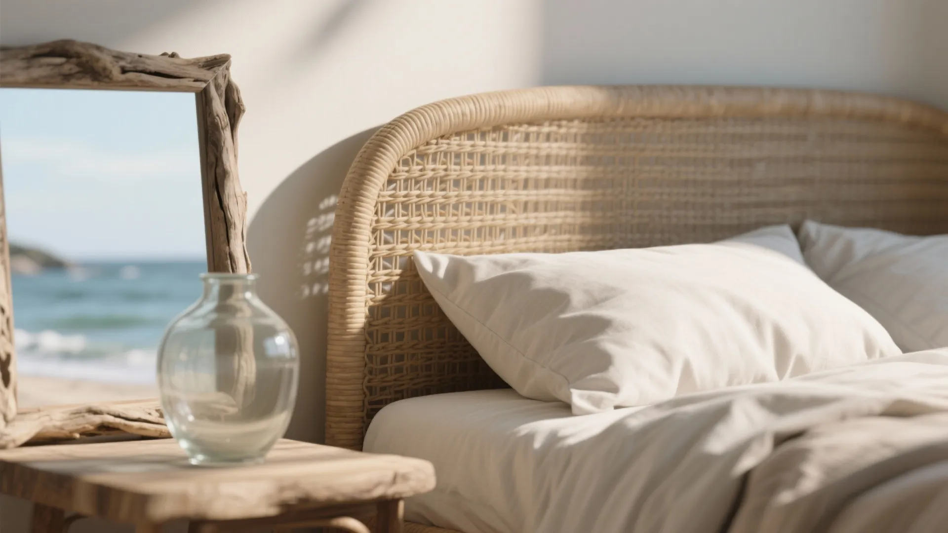 Close up of woven headboard with white pillows wooden side table glass vase and ocean view
