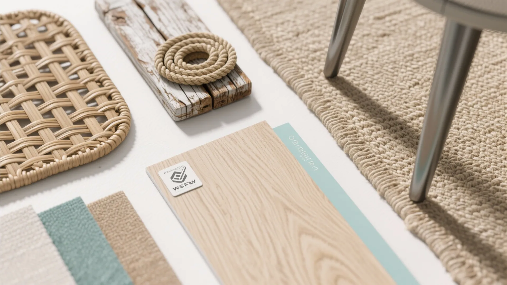 Interior design material board with wood samples rope woven tray rug and light blue fabric swatches
