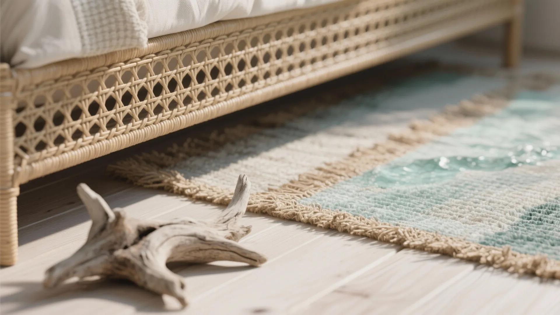 Close up of a woven bed frame, blue patterned rug, and driftwood on light wood flooring