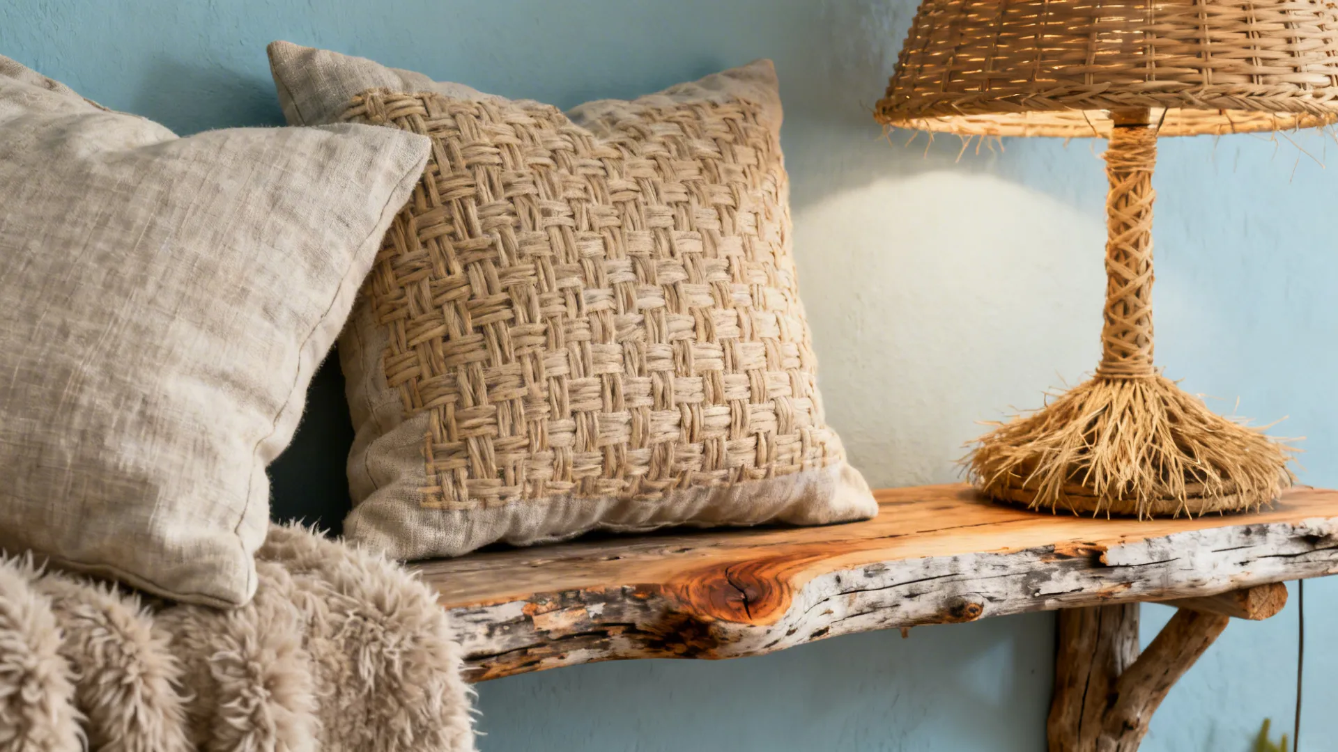 Woven textured pillows placed on a rustic wood shelf next to a straw table lamp
