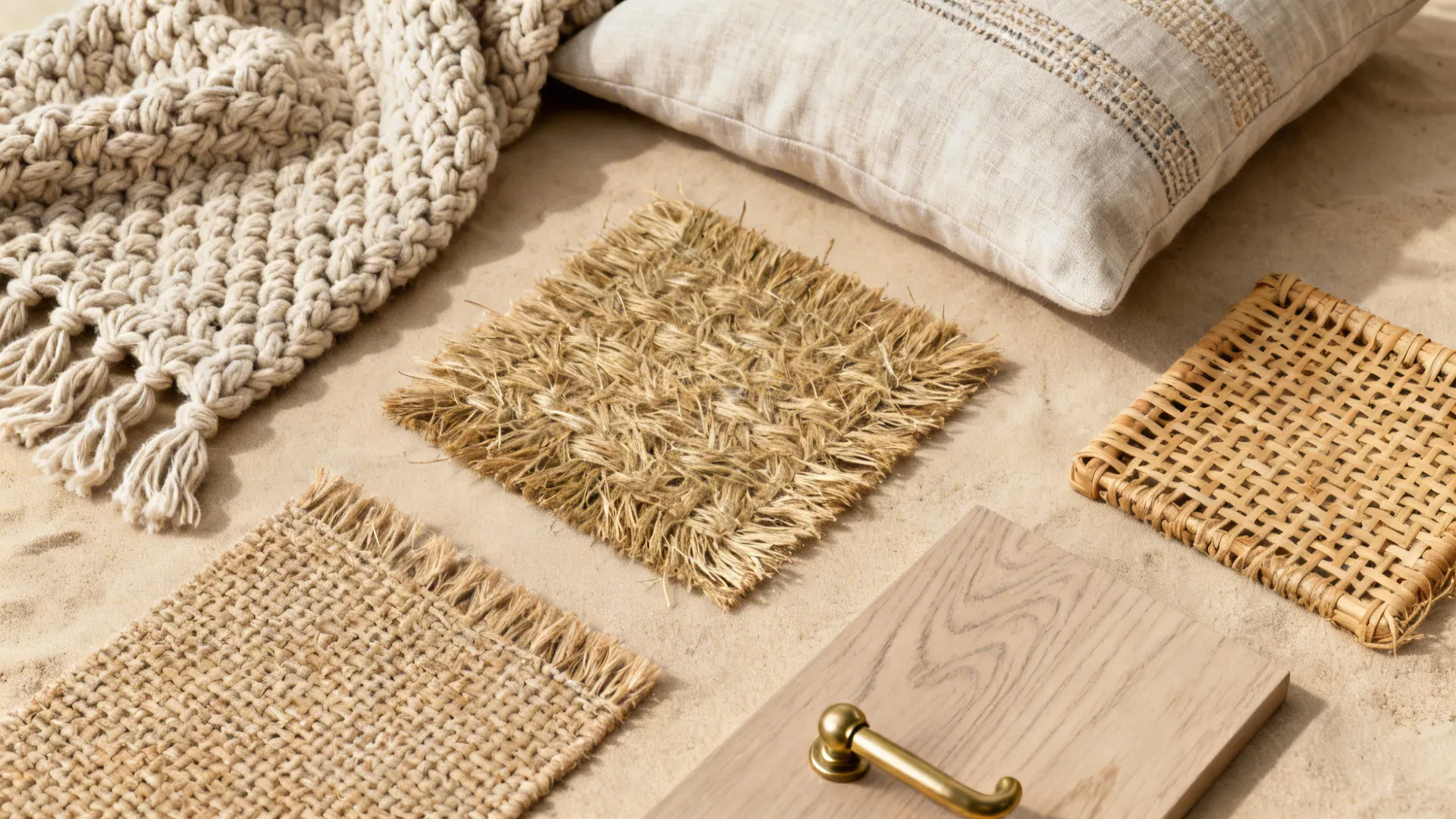 Flatlay of chunky knit throw, seagrass rug swatch, linen cushion and rattan sample creating a coastal texture palette.