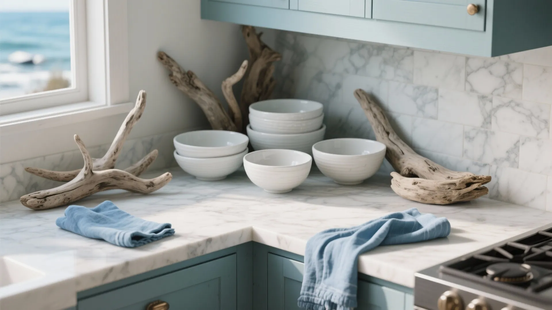 Coastal kitchen counter with white bowls blue towels driftwood decor and light blue wooden kitchen cabinets
