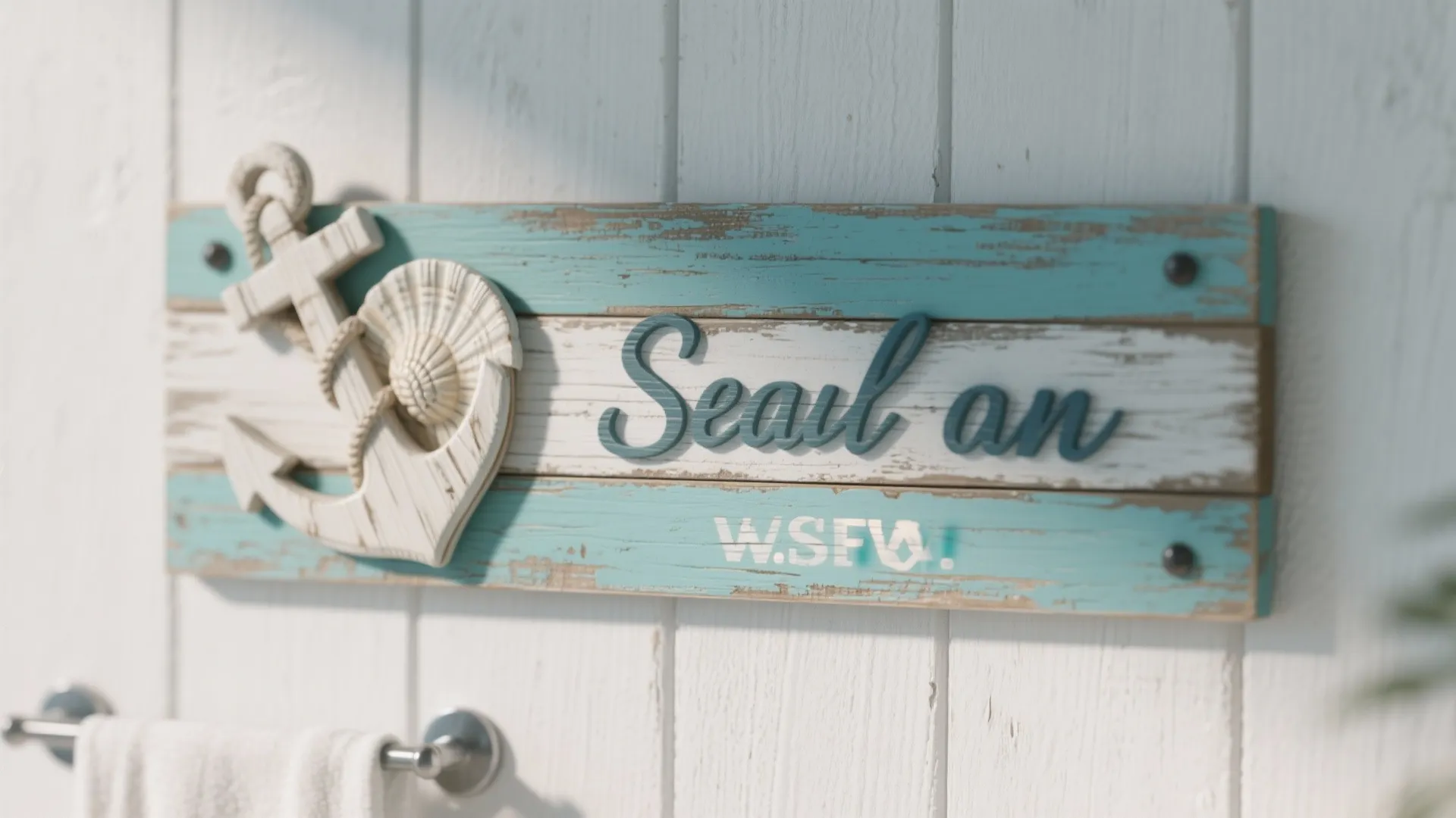 Coastal style bathroom signs shaped like seashell and anchor