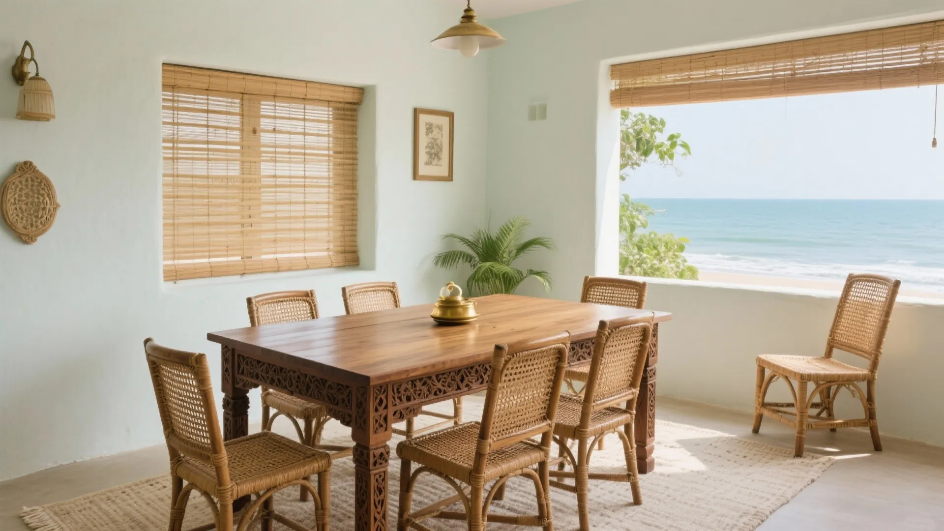 Dining room with wooden table and woven chairs overlooking the blue ocean through a window