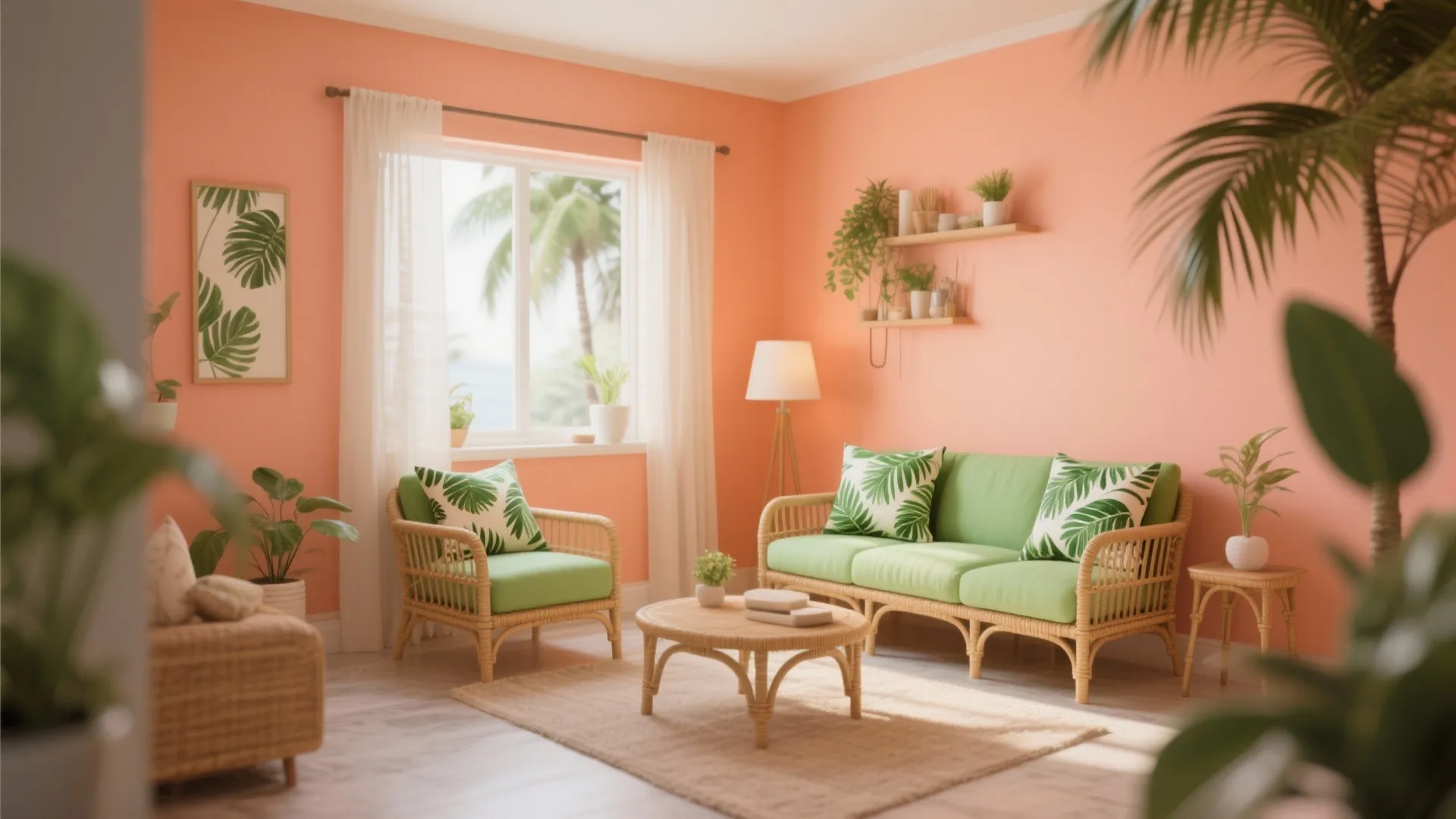 Tropical living room with peach walls green sofa rattan furniture and leaf pattern throw pillows