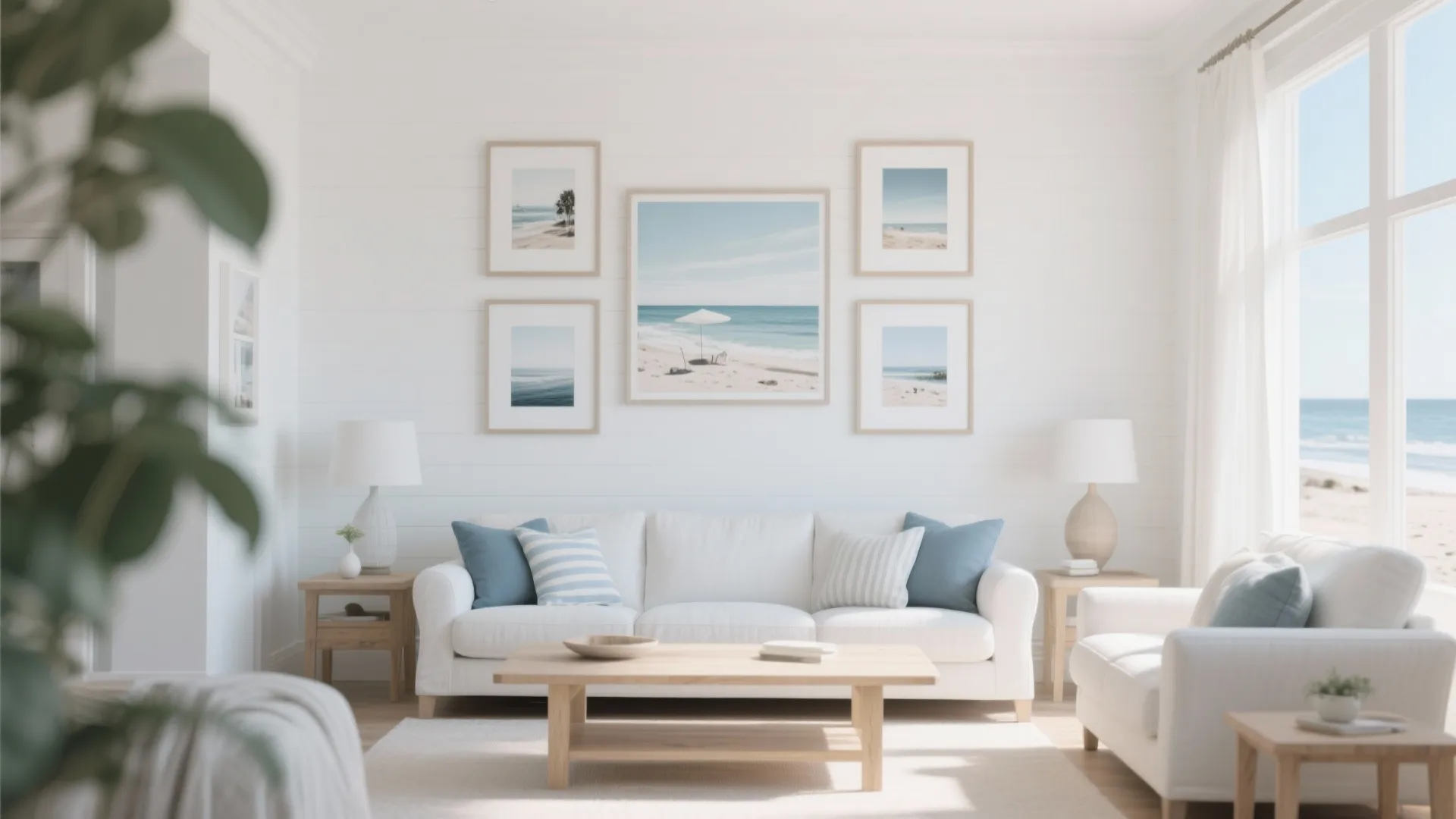 Coastal living room with beach art on wall white sofa blue pillows and wood coffee table