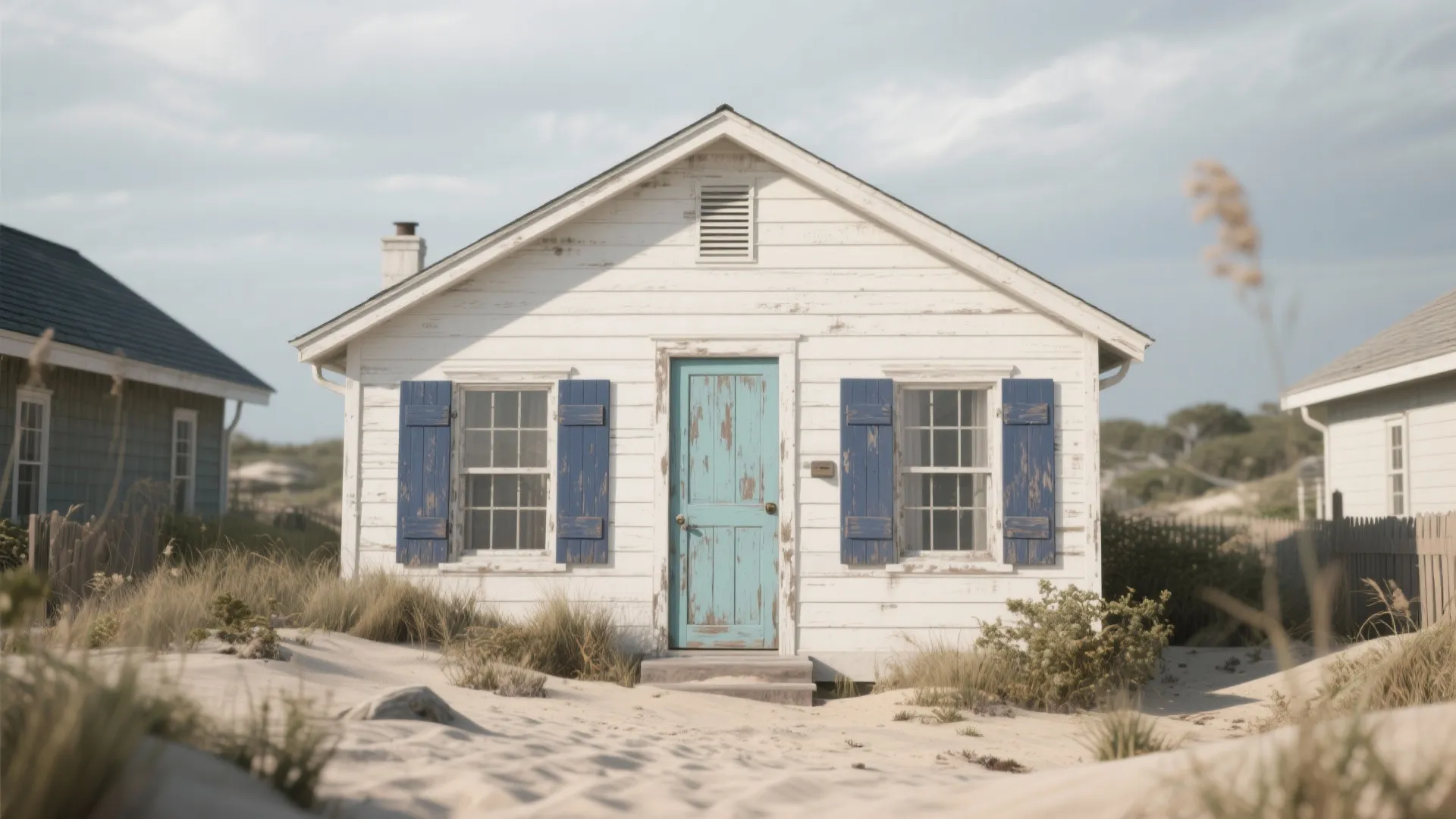Coastal cottage with warm white siding and muted blue shutters and door near dunes.