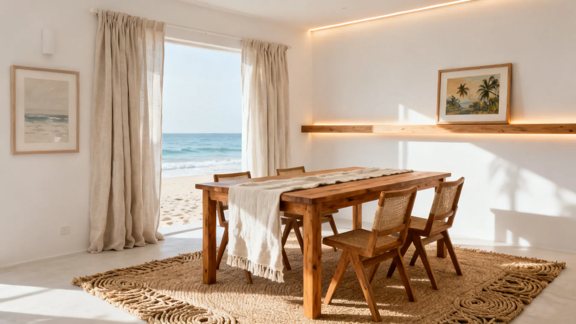 Bright dining room with wooden table and chairs facing a large door with beautiful beach view