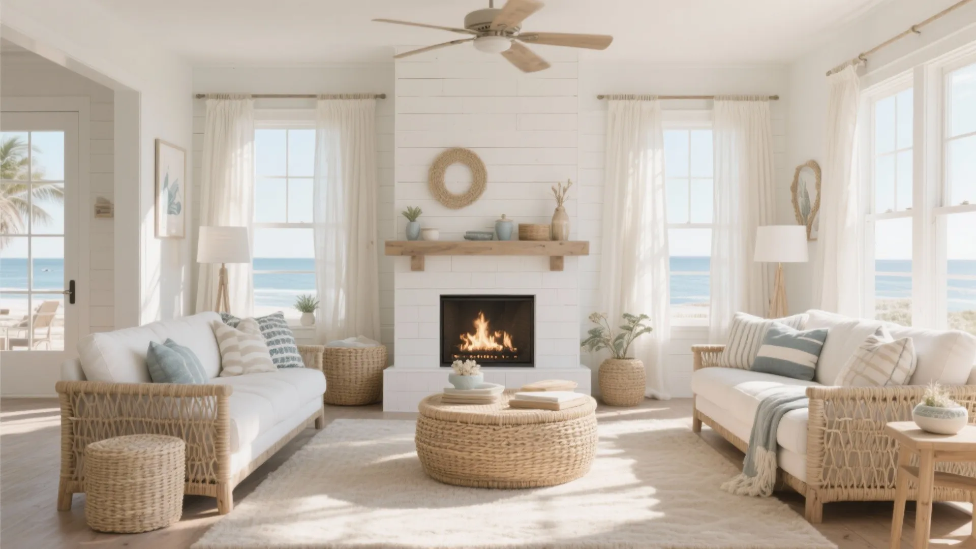 6. Coastal White Fireplace with Natural Textures