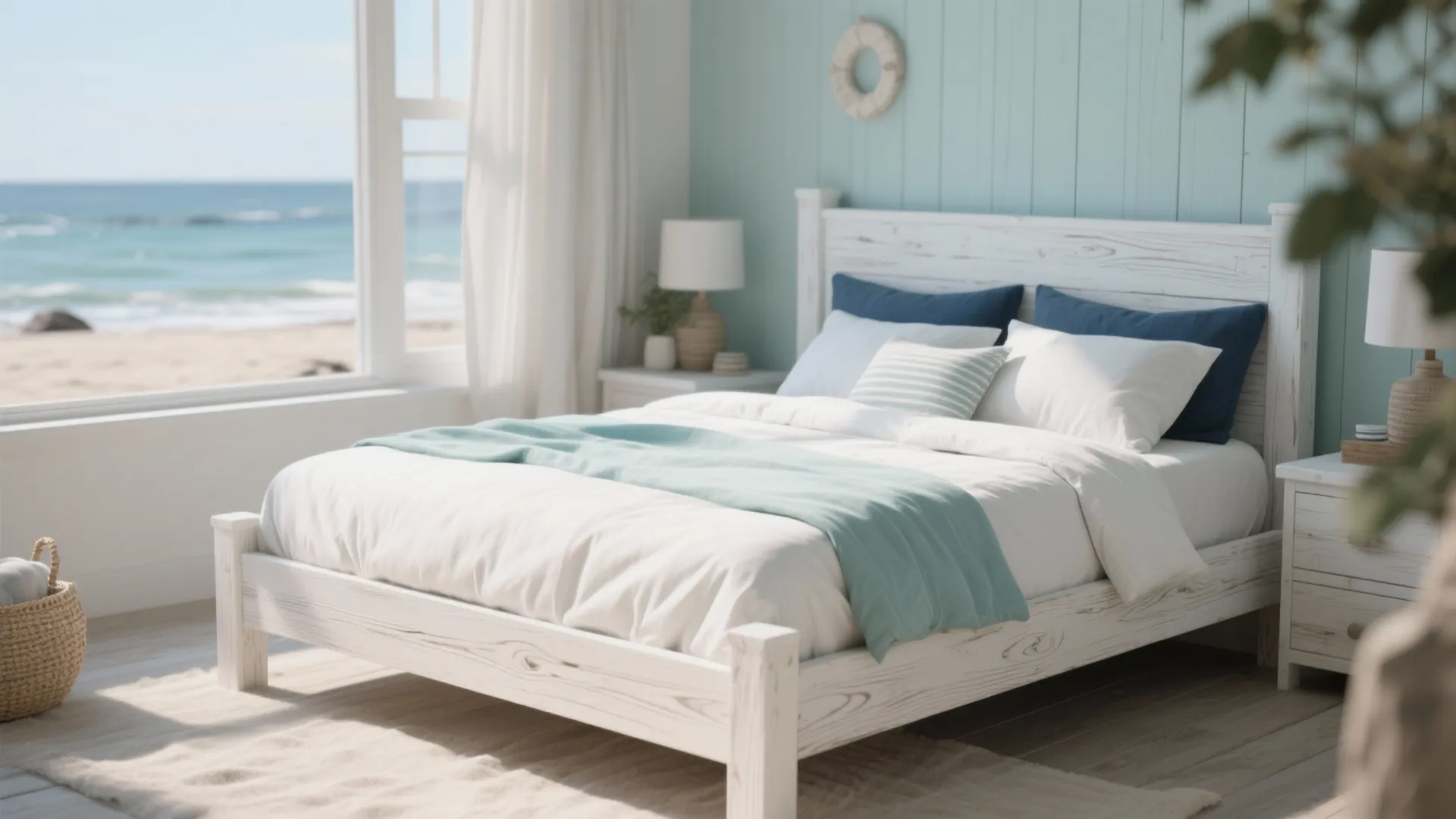 Coastal small bedroom with a white-wash bed frame and navy accents.