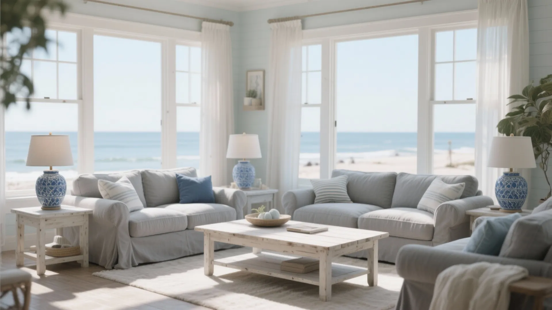Coastal living room with grey sofas and whitewashed wood table