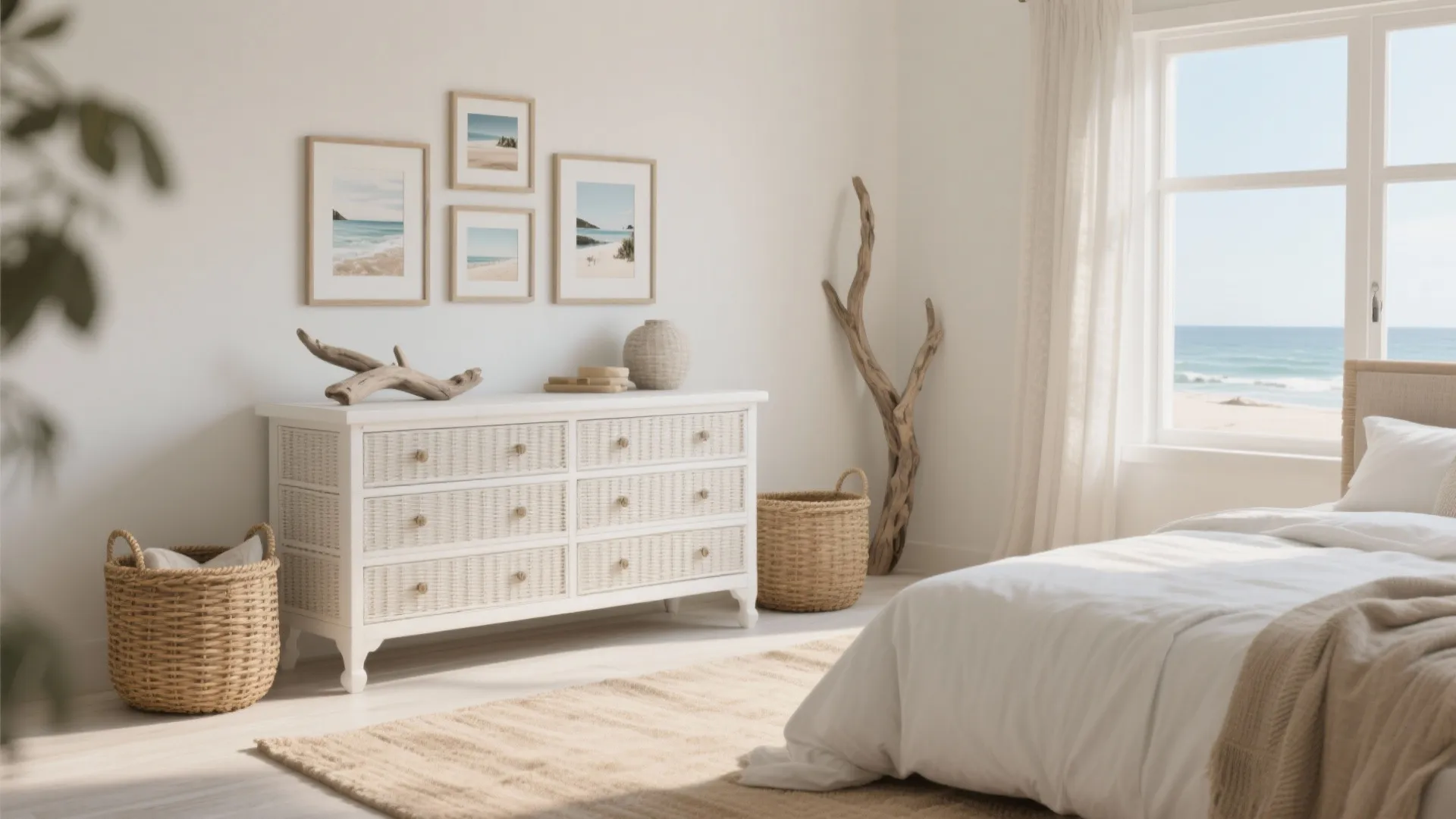 Coastal-chic bedroom with white wicker dresser, rattan baskets, and framed beach photos
