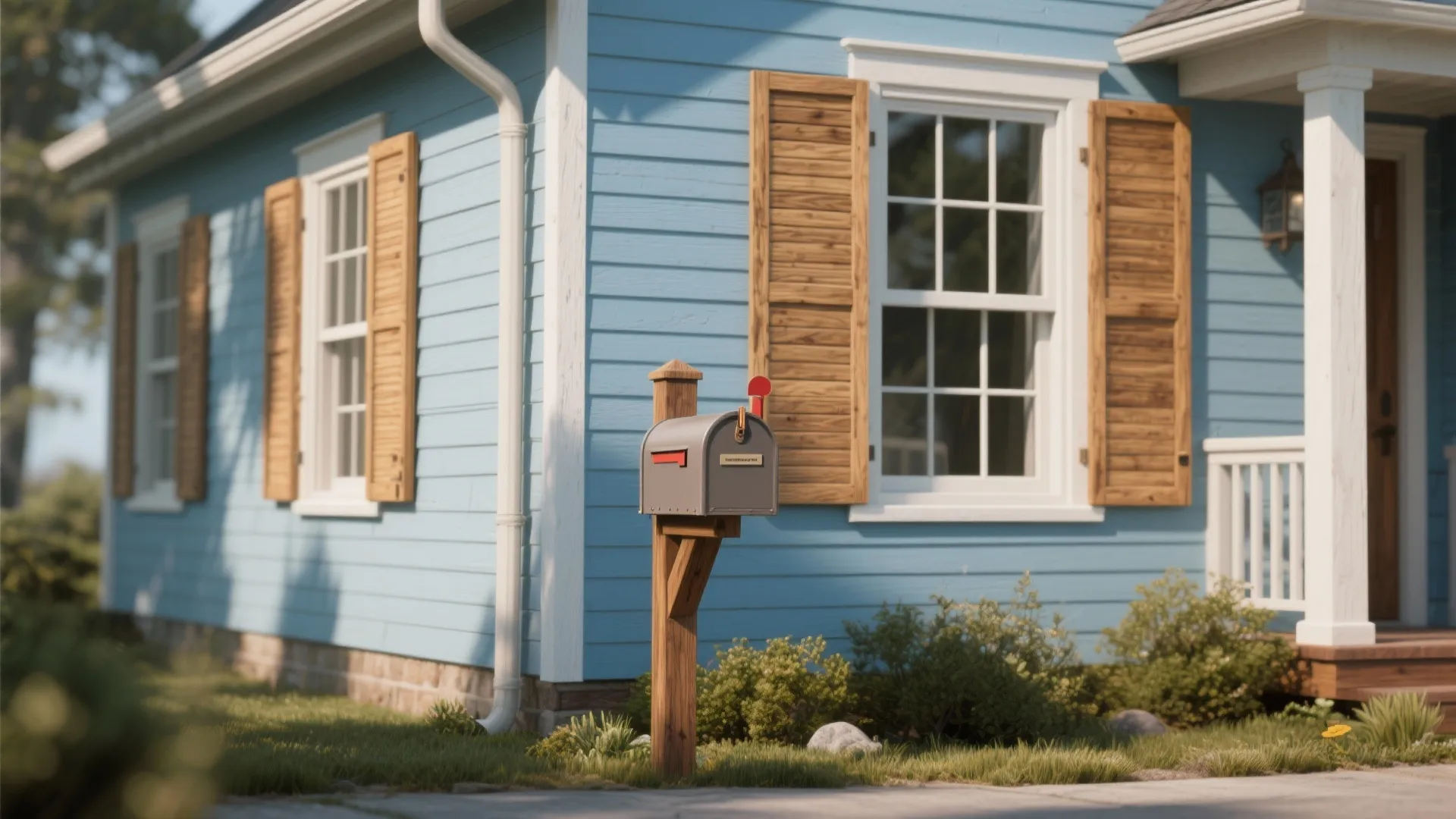 Light blue house with wooden window shutters and a grey mailbox on a wooden post outside