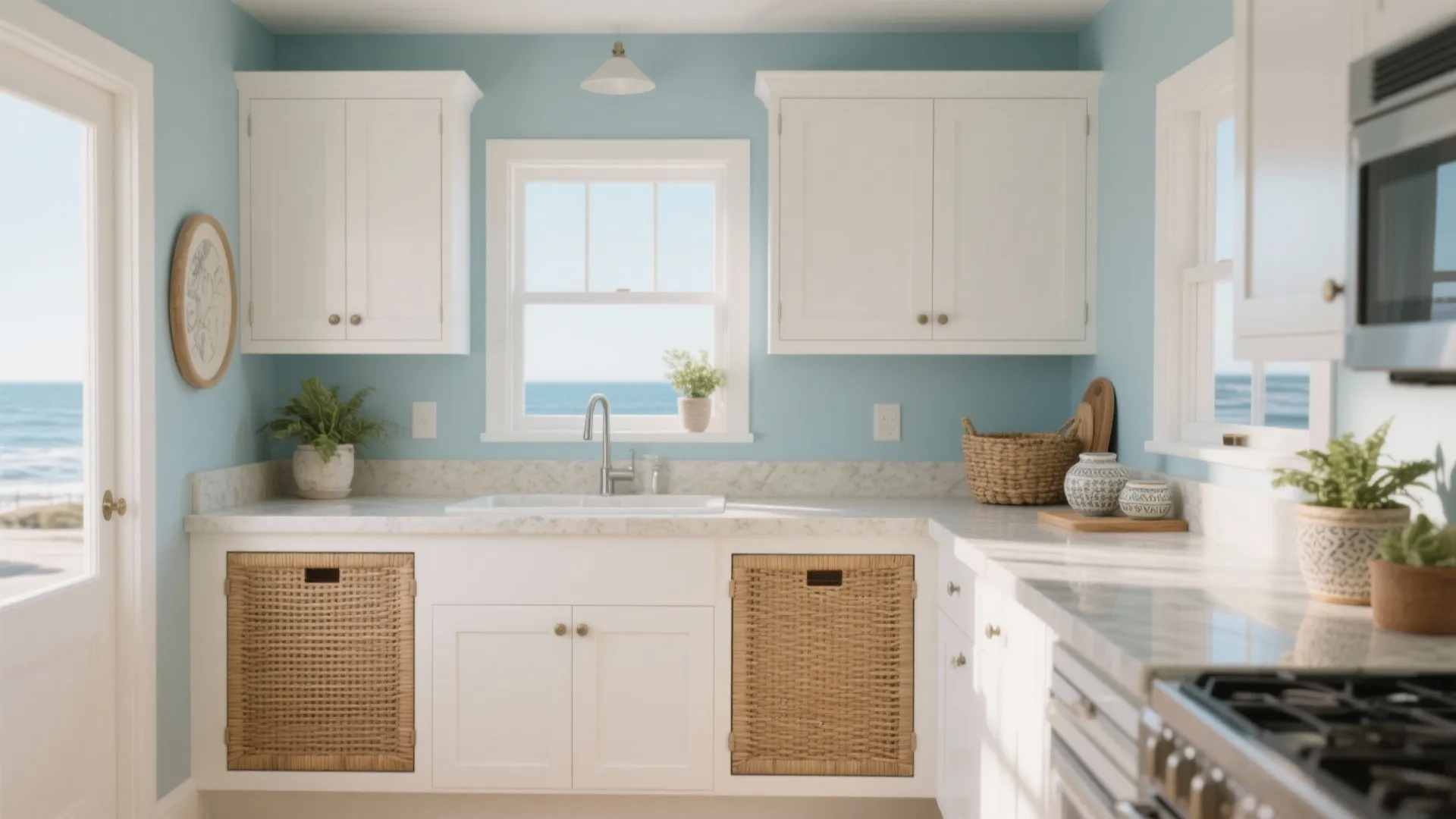 Warm wood accents and a coastal palette that feel like Goa