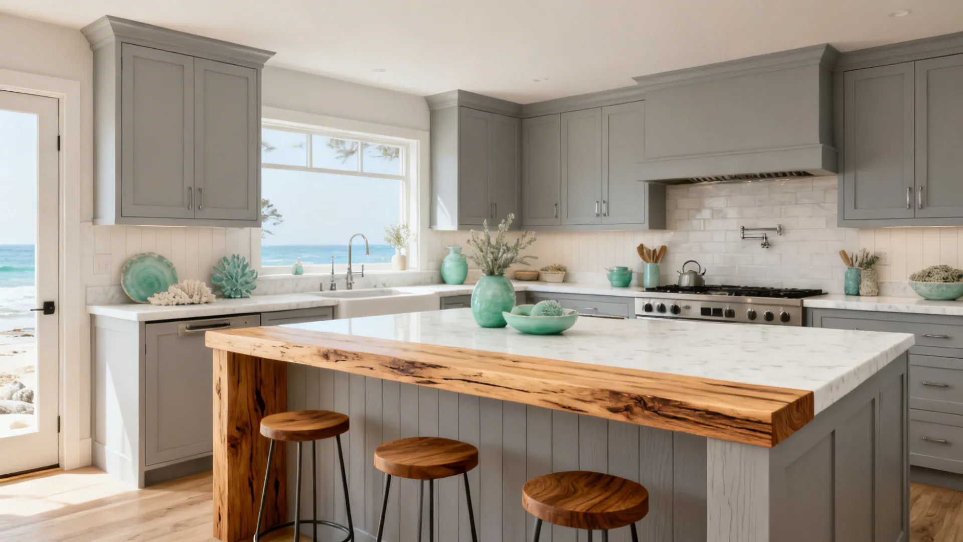 Coastal kitchen with white quartz, rift-cut oak accents, and a timber breakfast ledge for added warmth.