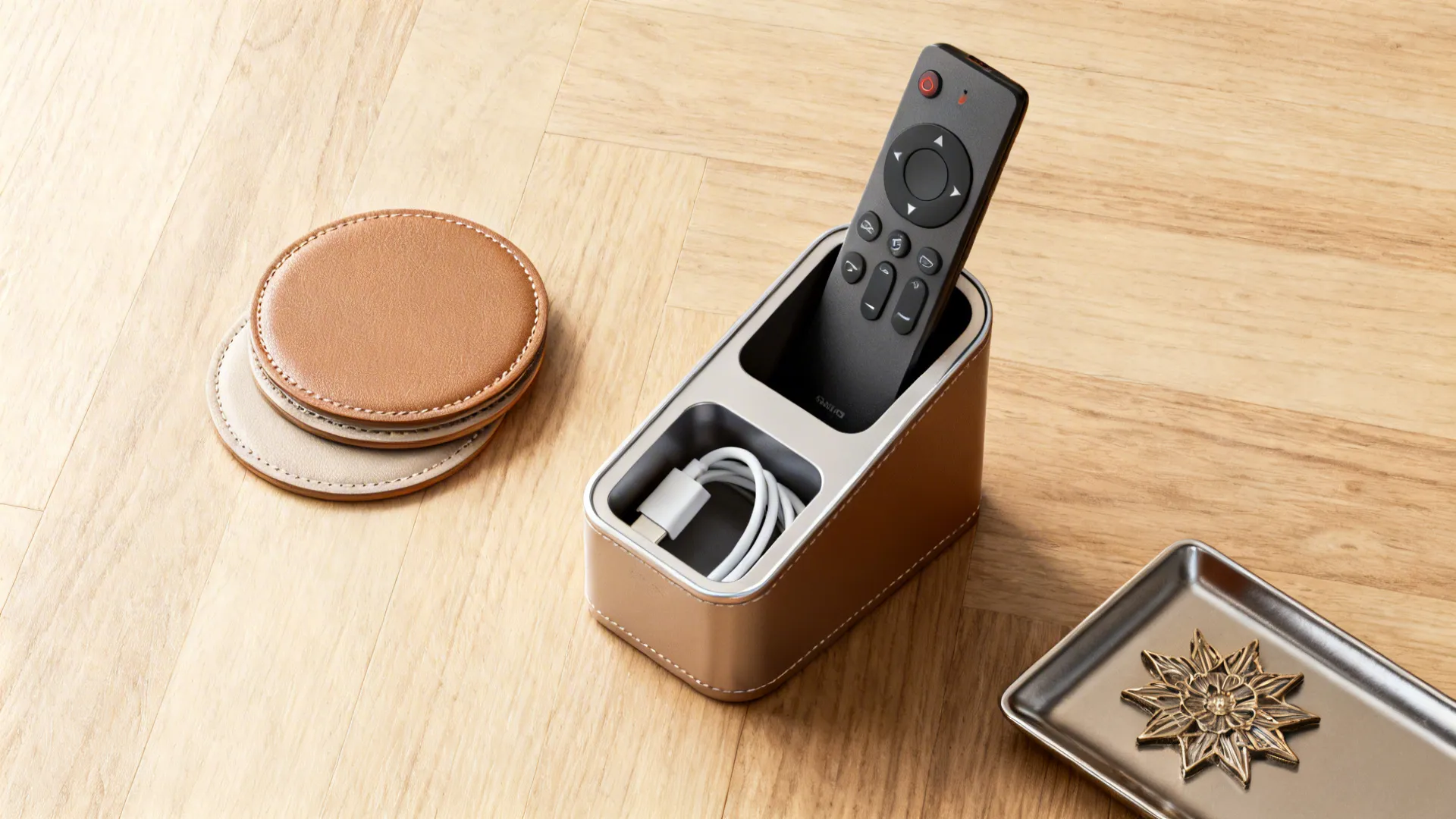 Top-down view of coasters and a slim remote holder on a wooden surface.