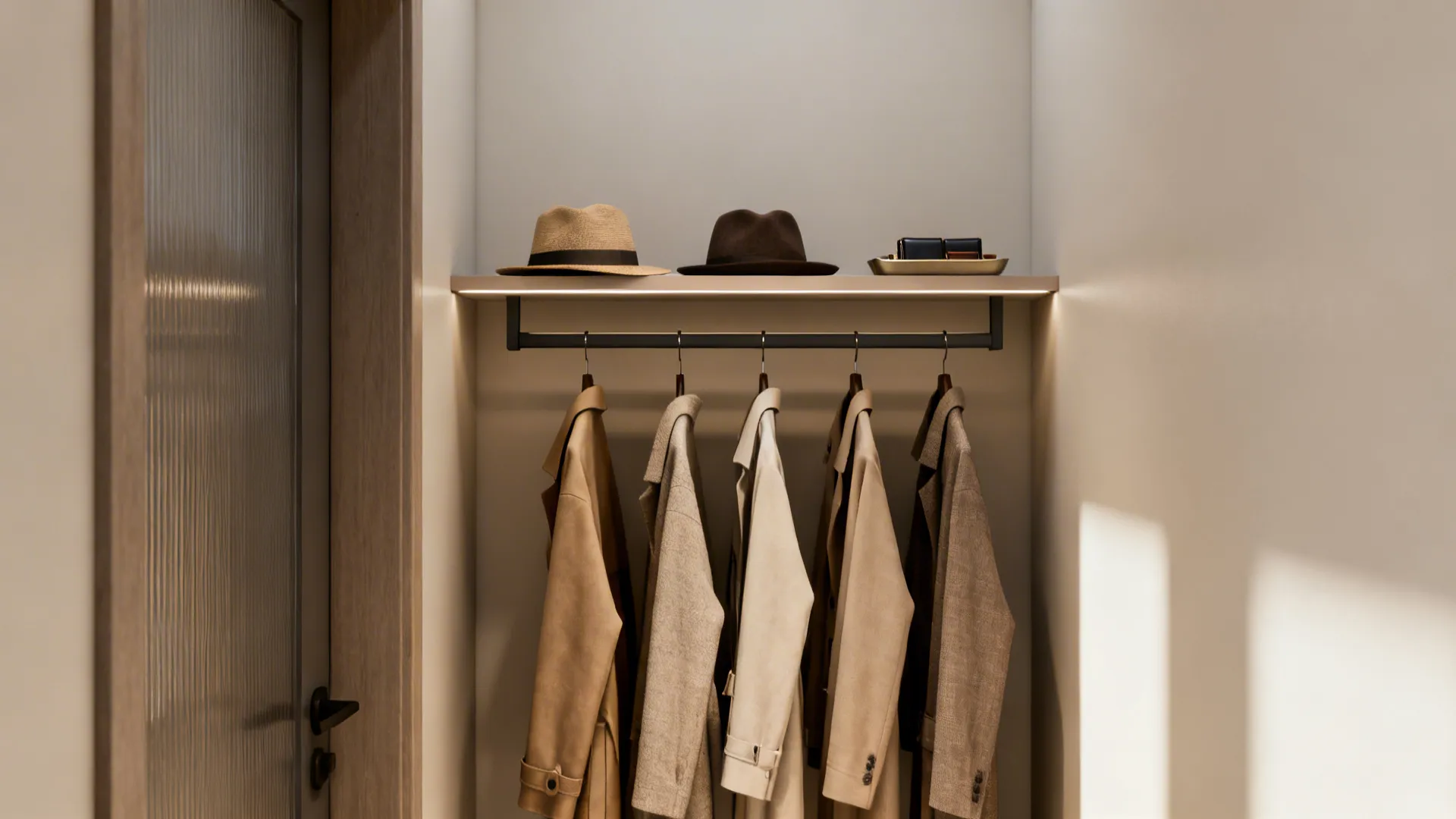 Wall-mounted coat rail with an integrated shelf holding hats and a catch-all tray in a small entry.