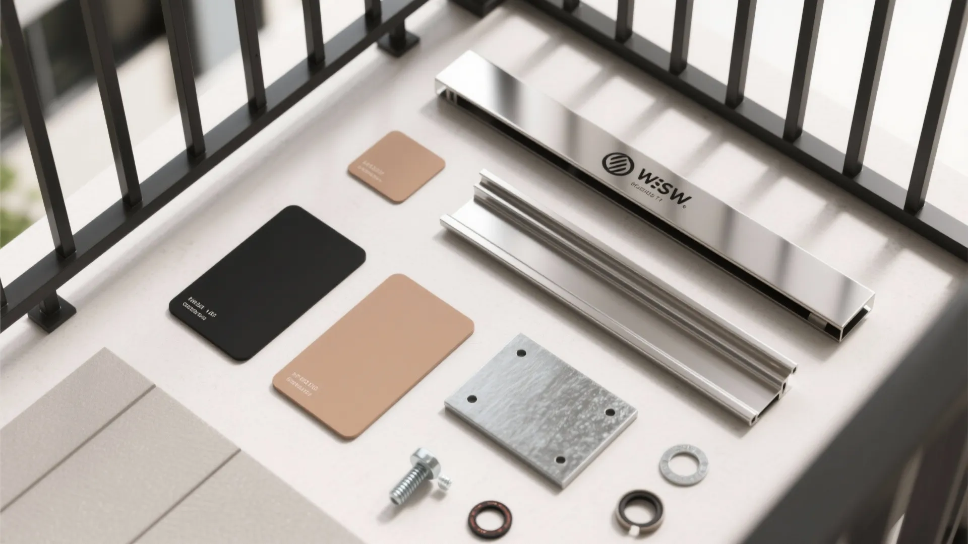Top-down flatlay of powder coat color chips, steel textures, and stainless accents for balcony railings.