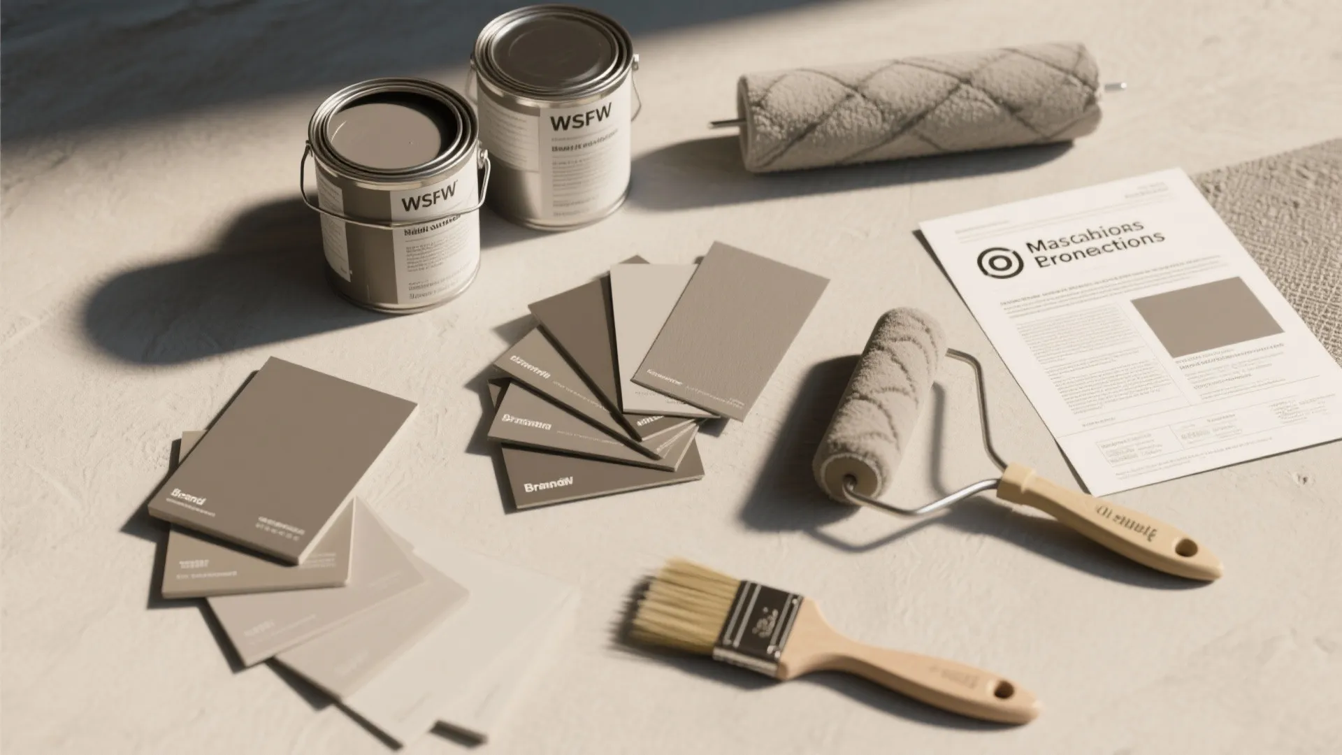 Two paint cans with color cards and rollers and a brush on a grey surface