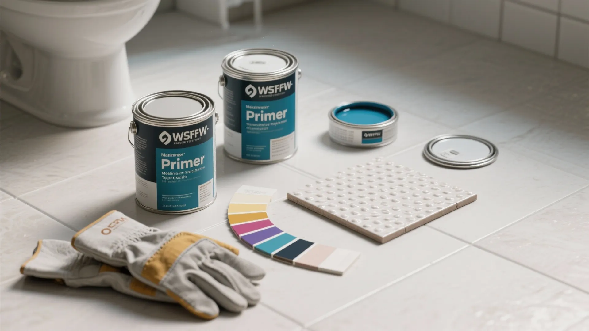 Interior painting supplies including primer cans color palette tiles and work gloves on tiled floor