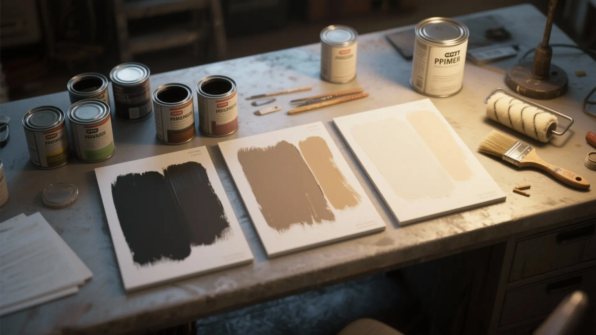 Table with multiple paint cans, brush, roller, and three cards showing different wall paint color choices