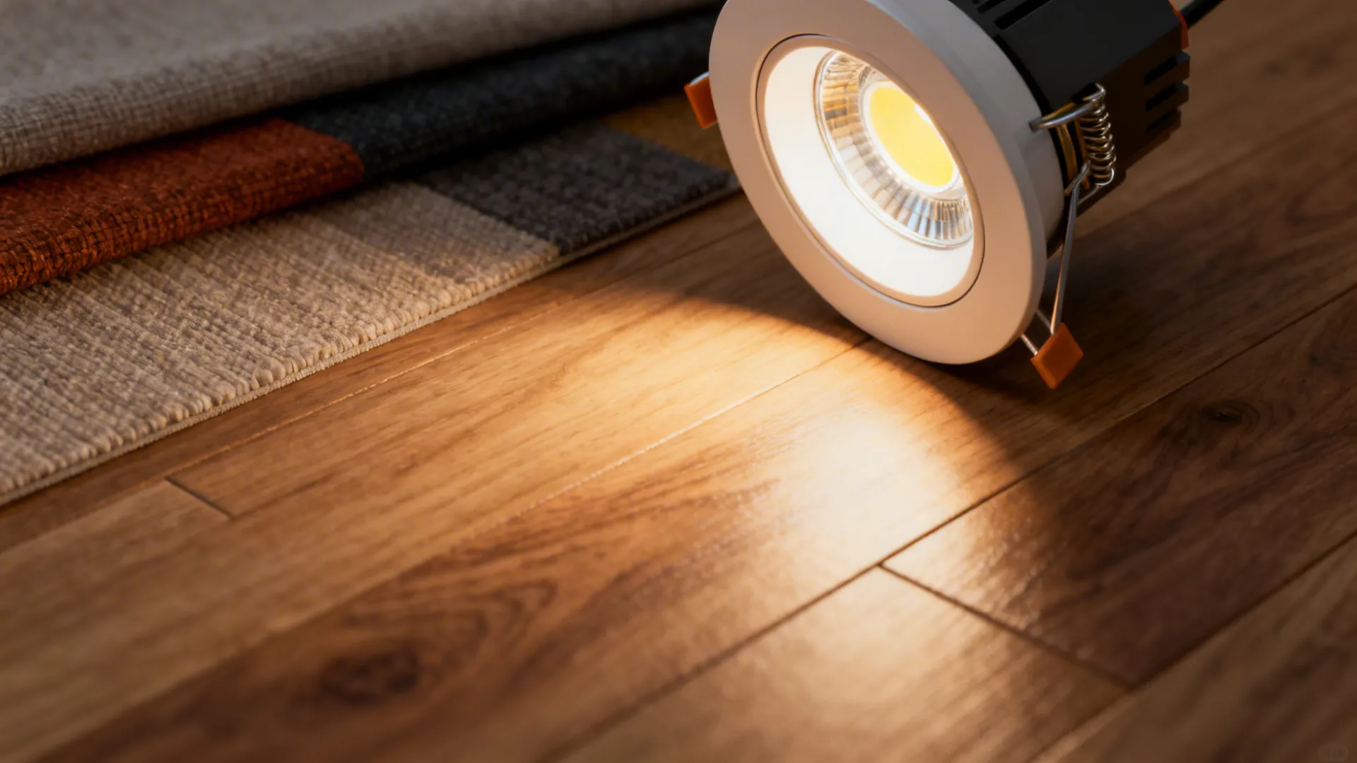 Close-up of COB recessed LED showing smooth beam and high-CRI rendering on wood and textiles.