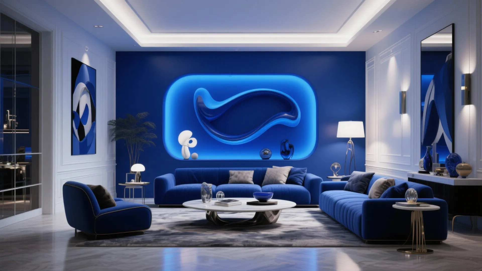 Modern blue living room featuring a recessed wall niche with blue lighting and velvet sofa