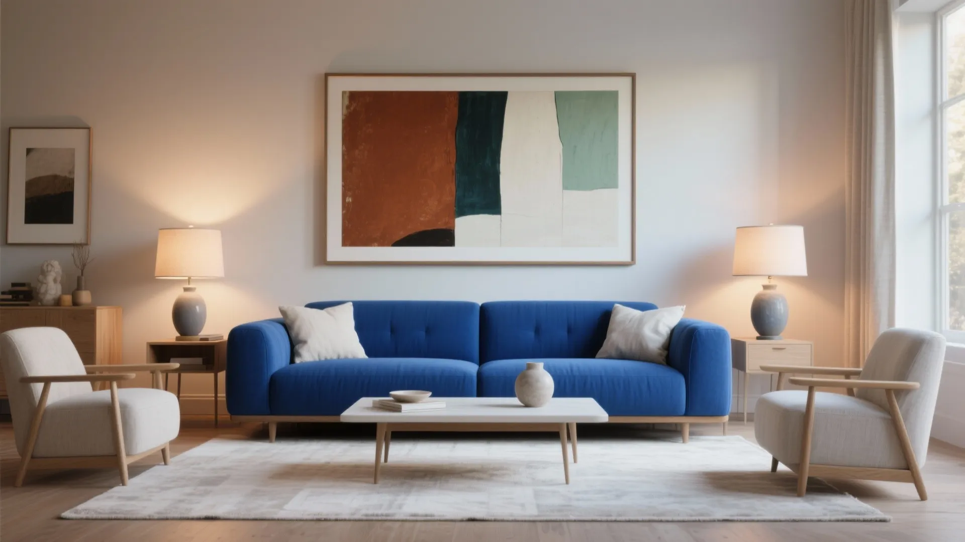 Living room with blue sofa white armchairs large wall painting two lamps and coffee table