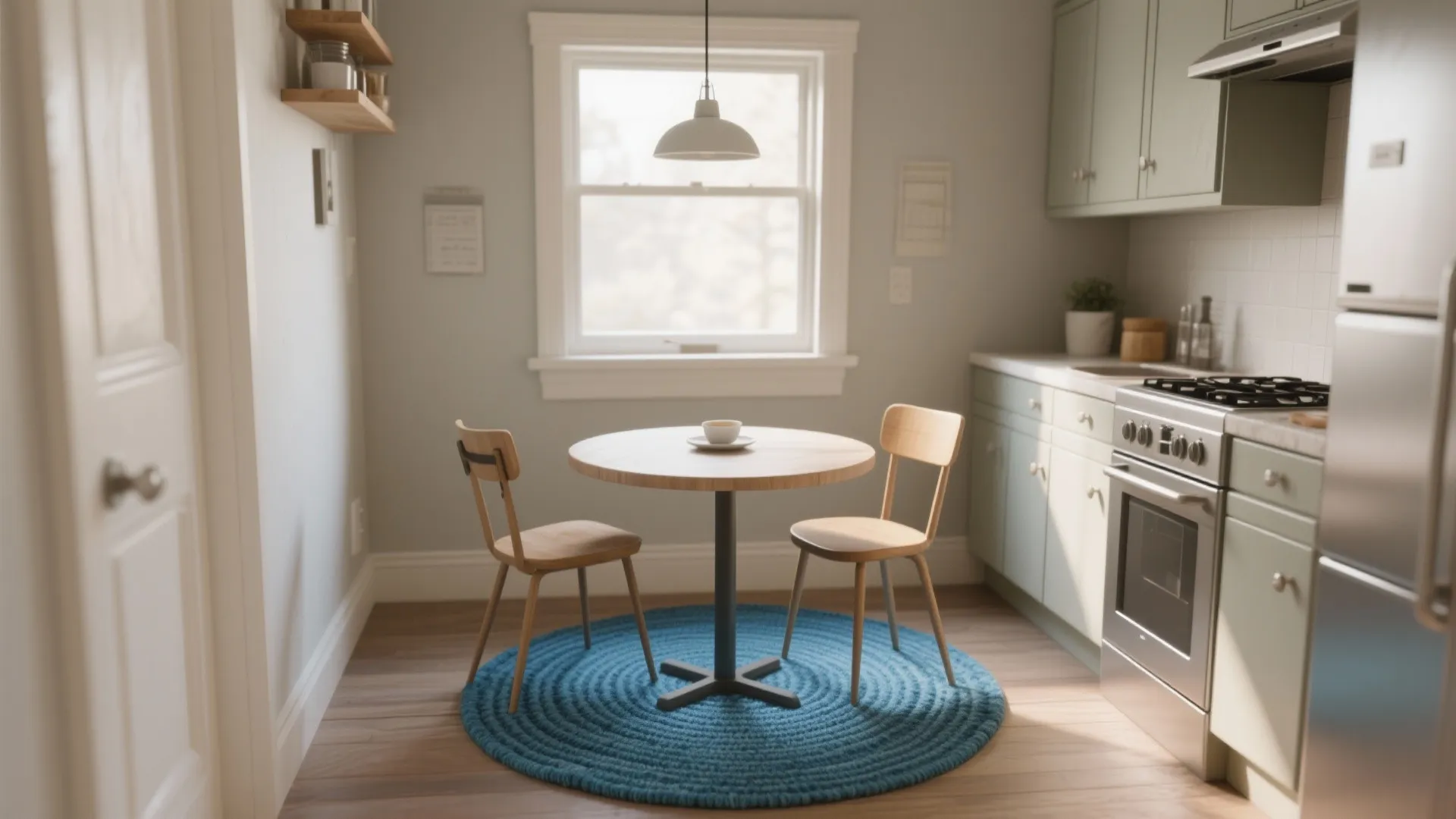 2. Small washable area rug under a café table
