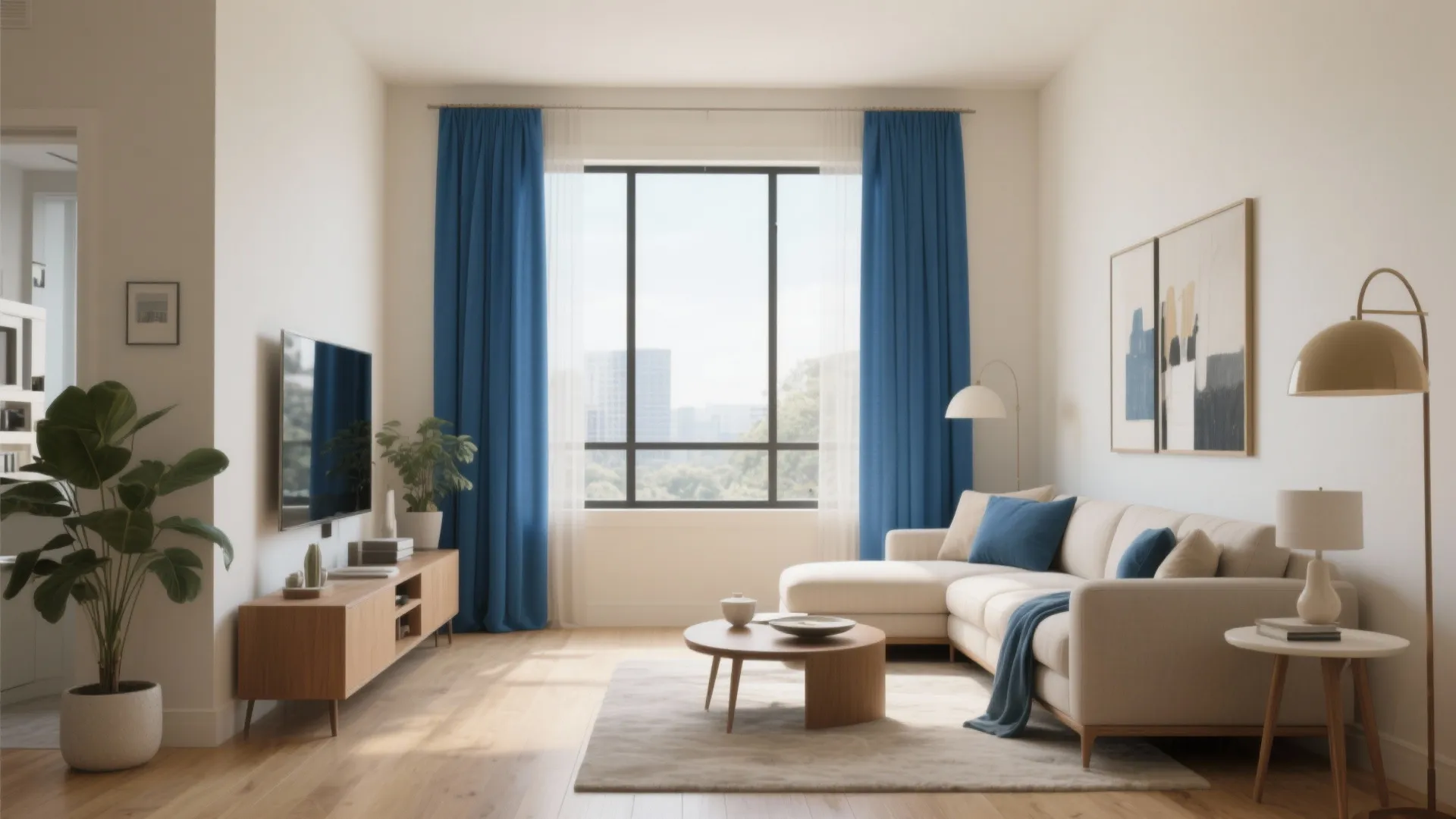 Bright living room with cream sofa blue curtain wood cabinet large window and green potted plant