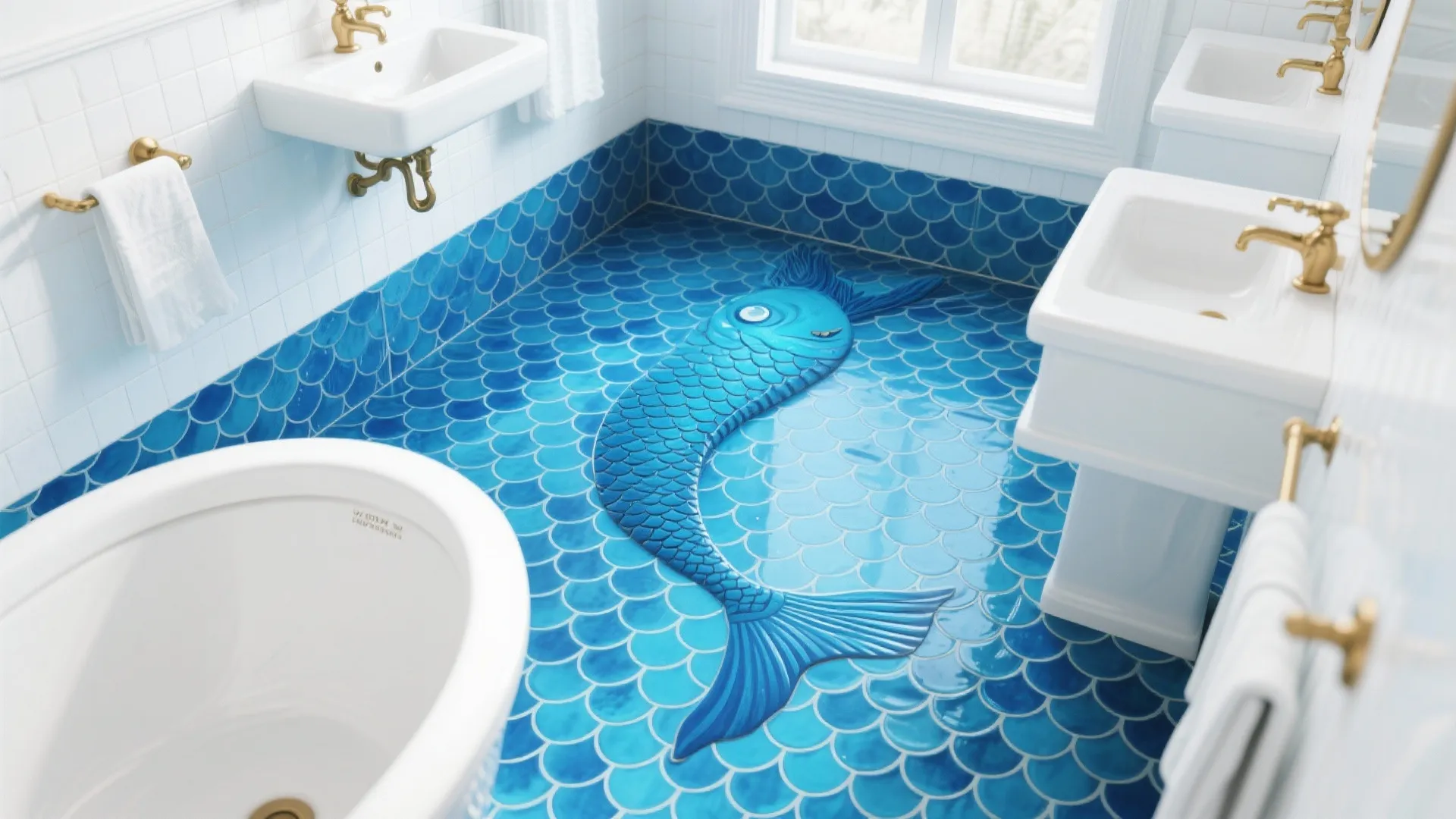 Bathroom featuring blue fish scale floor tiles with large blue fish mosaic and white sinks