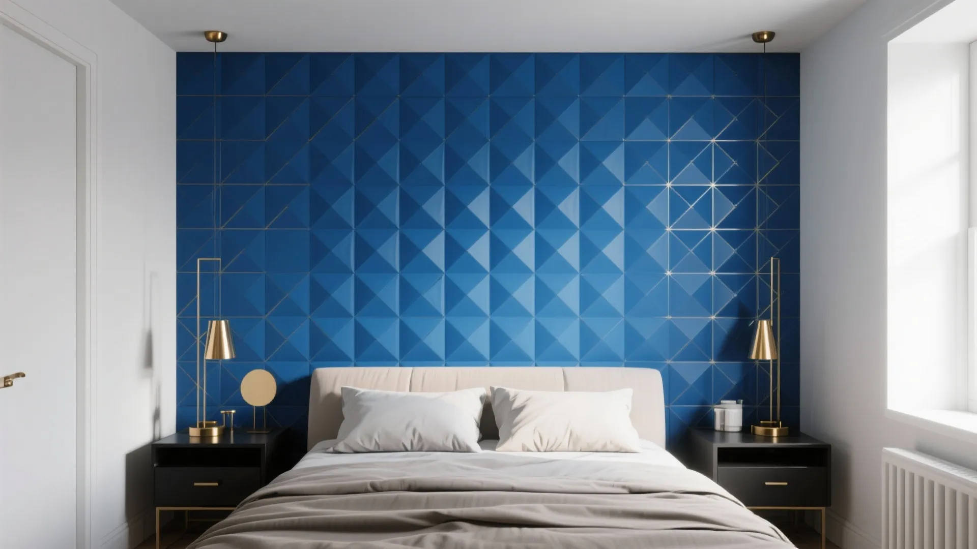 Bedroom with a bold cobalt geometric wallpaper paired with minimalist furniture and metallic accents.