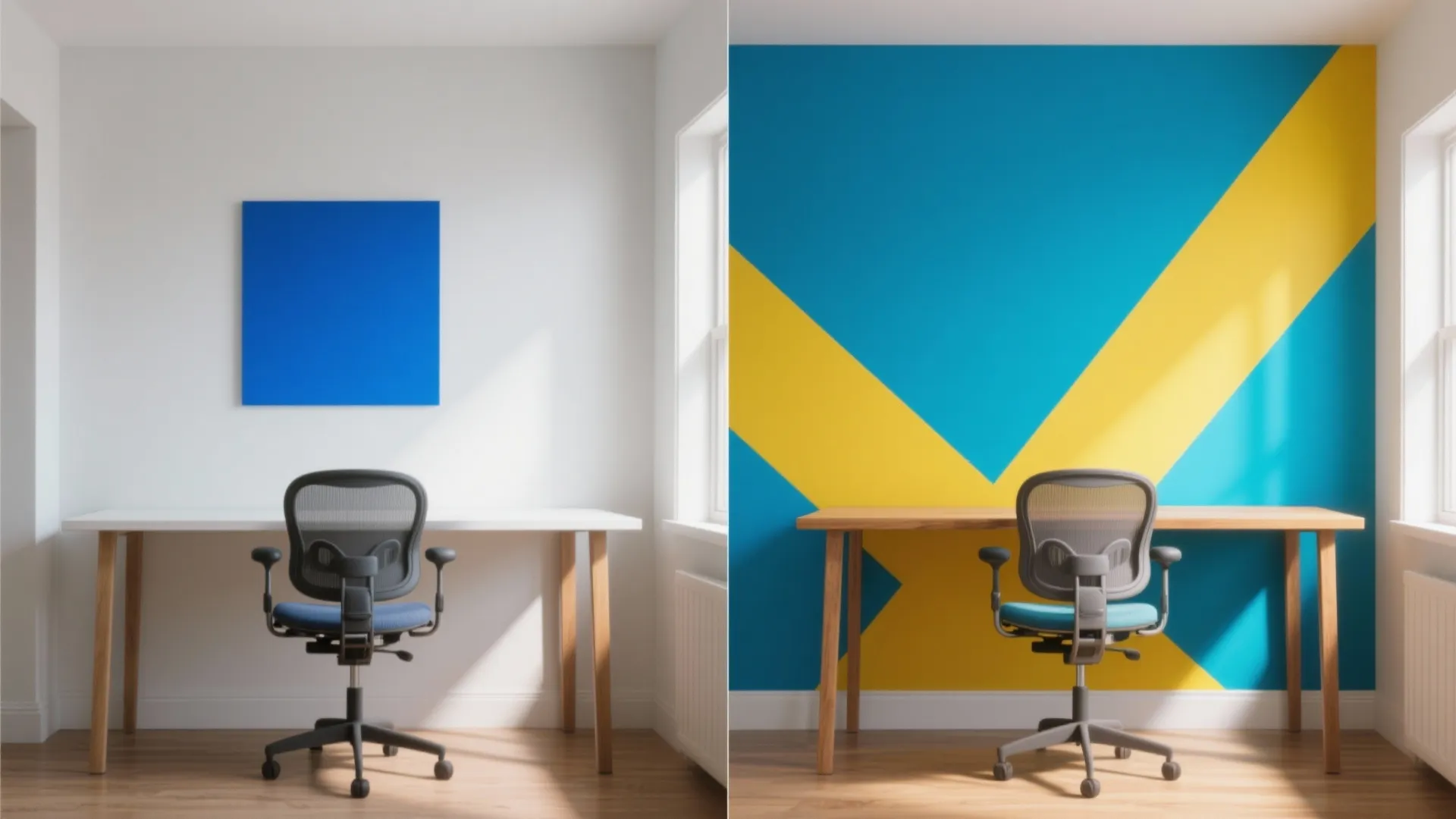 Before and after comparison showing a plain white office wall transformed into colorful yellow blue