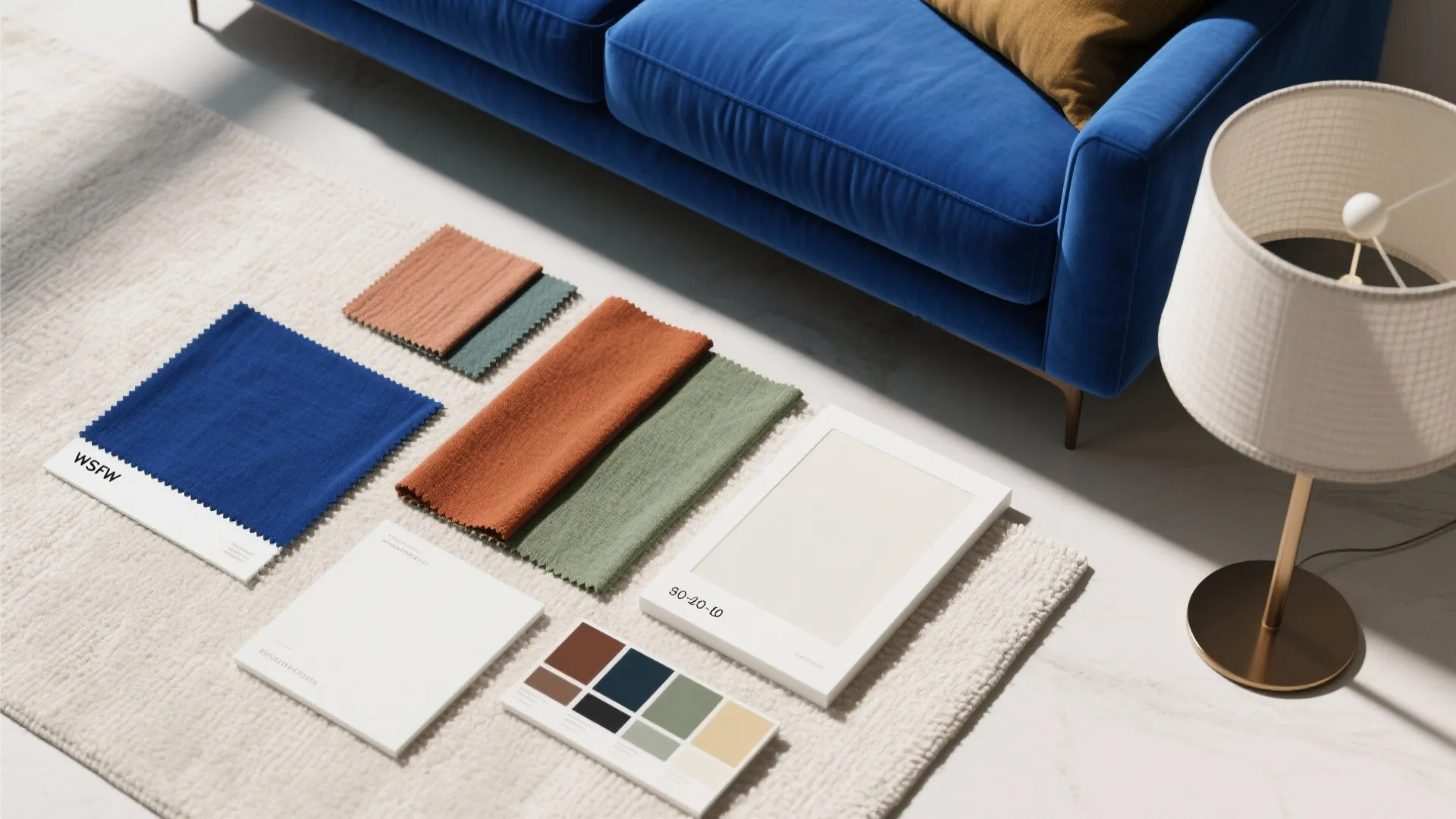 Blue sofa next to rug with fabric swatches color samples and small gold table lamp