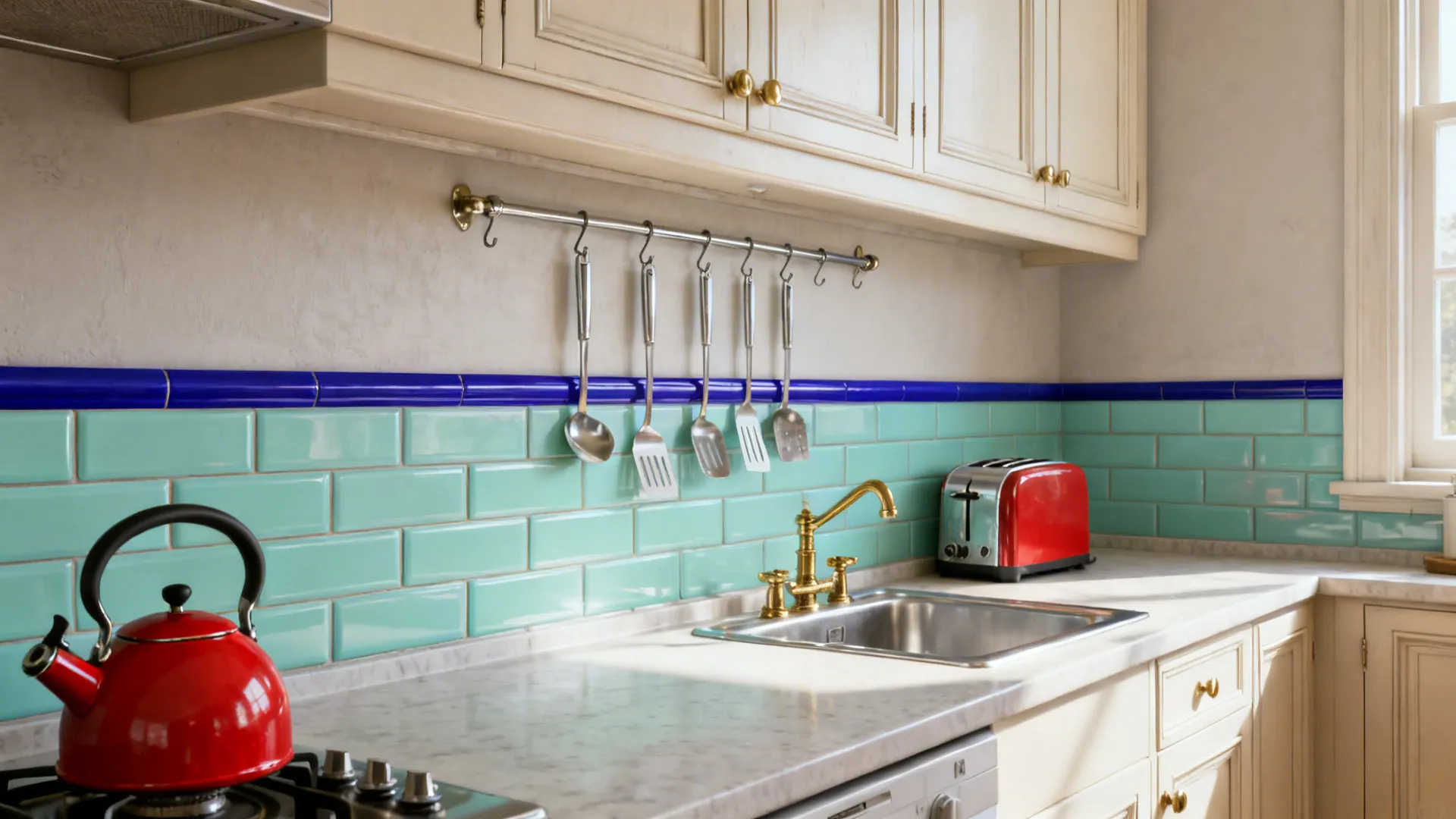 Idea 4: Cobalt Accent Rail + Mint Tile + Tomato Red Small Appliances
