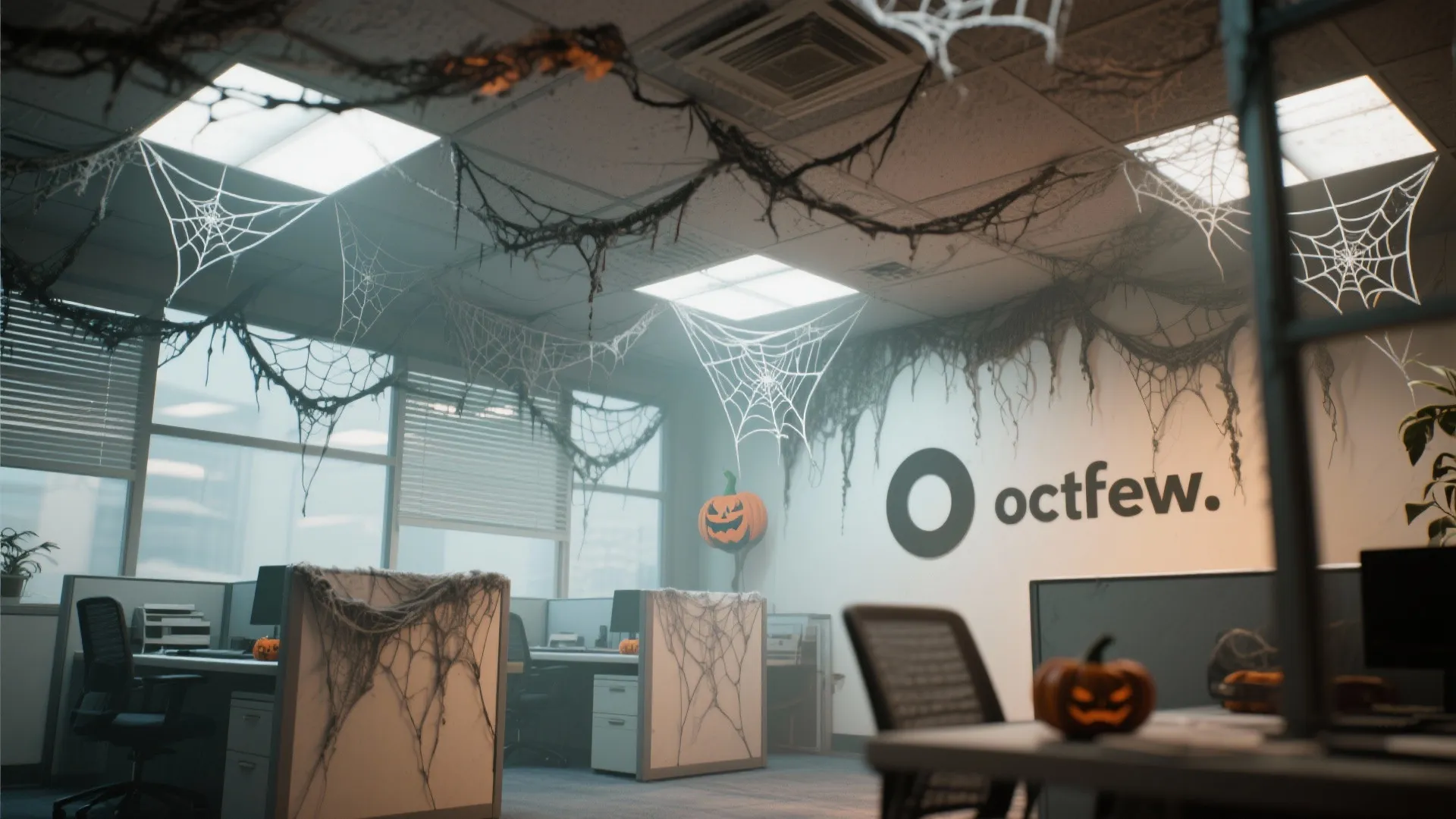 Modern office interior decorated with hanging spider webs and small pumpkins for a Halloween theme