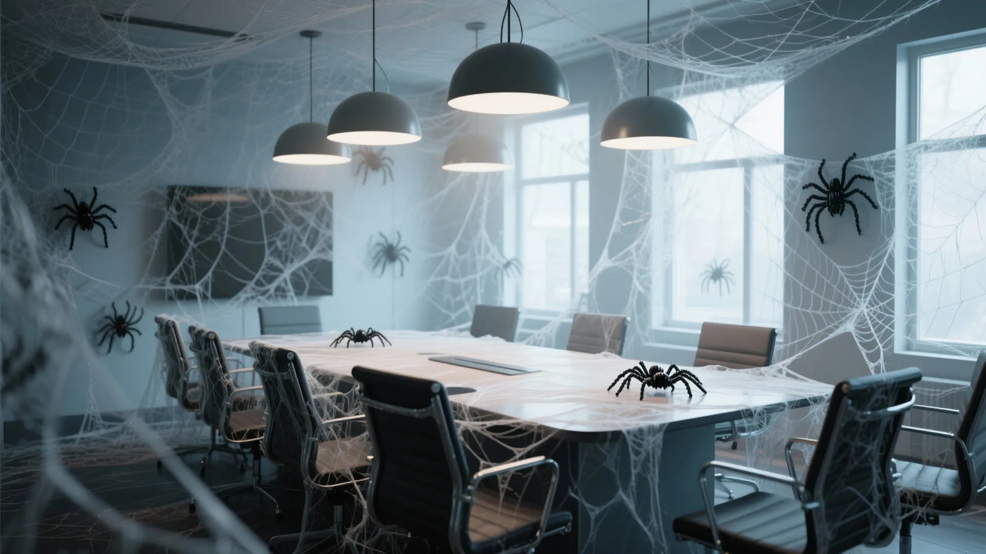 Office conference room with large table and chairs covered in spider webs for Halloween decor