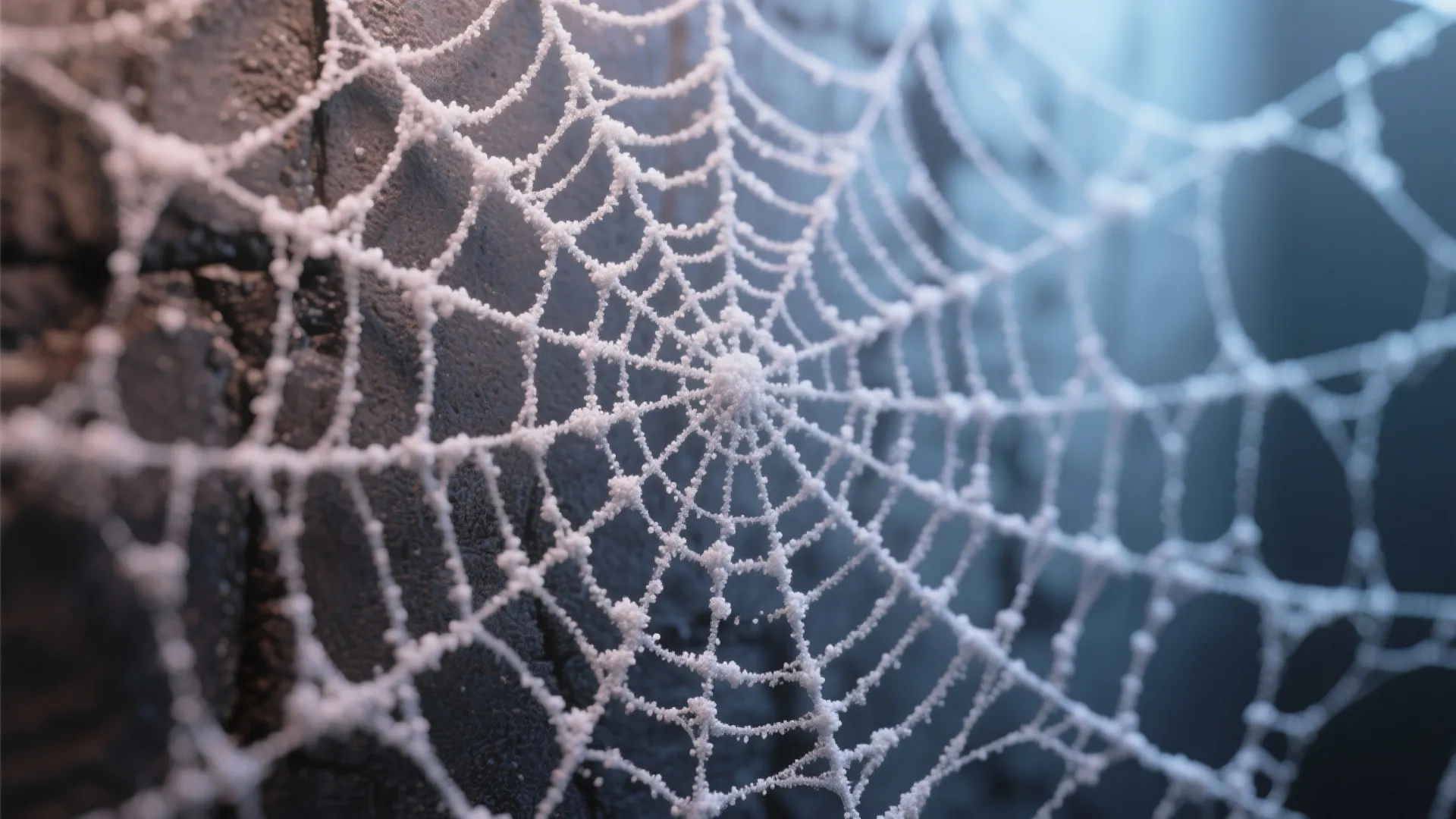 White frozen spider web with icy crystals hanging on a dark textured wall in close view