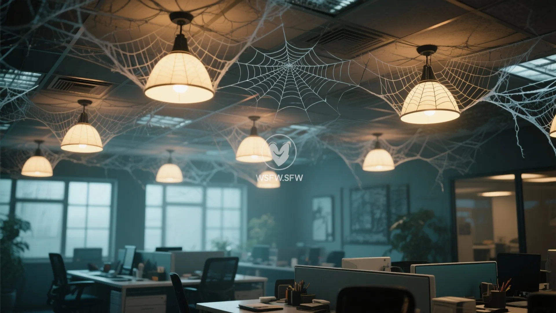 Office ceiling with white hanging lights covered in large artificial cobwebs and desks in background