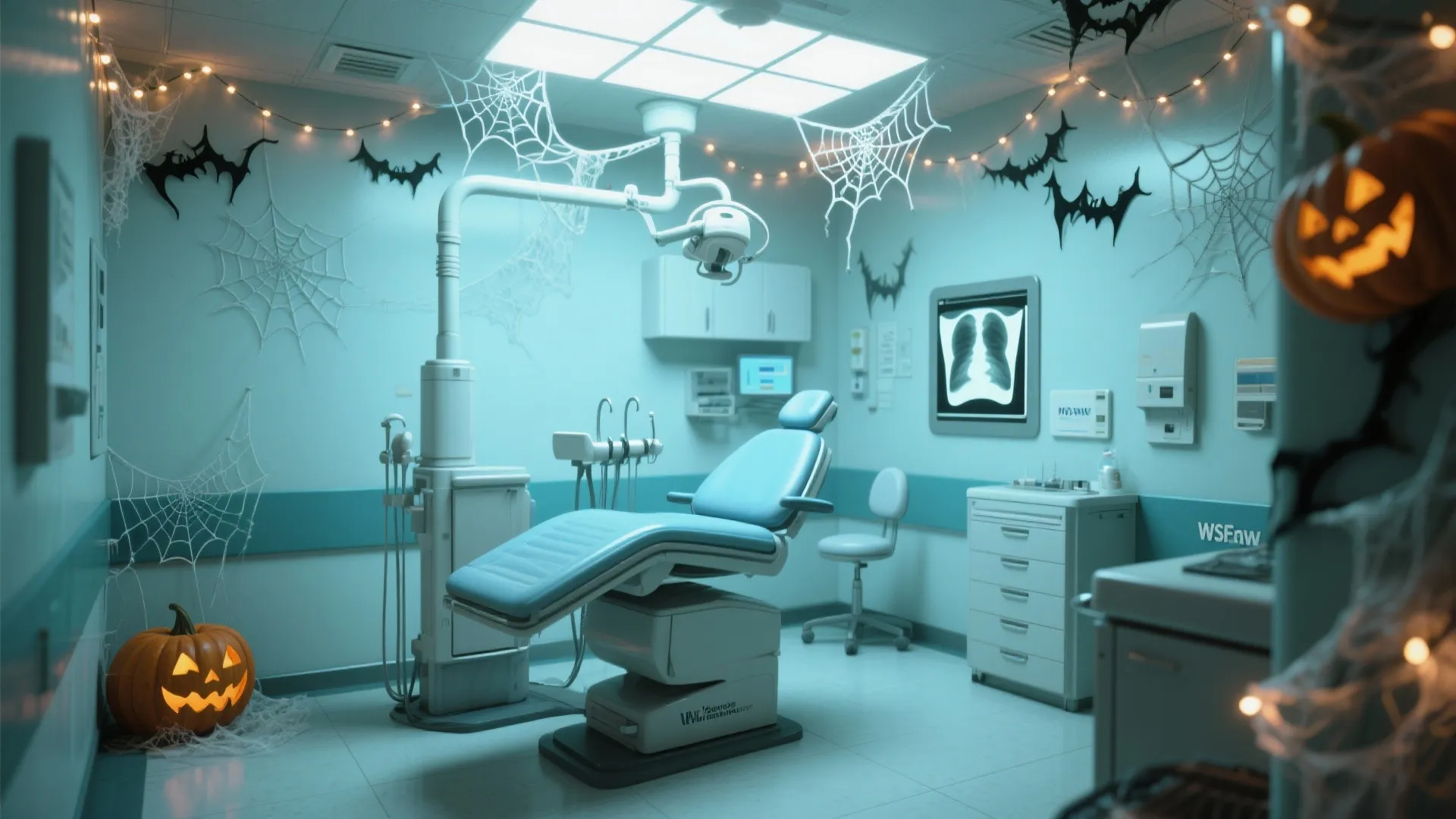 Dental exam room featuring medical chair spider web decorations pumpkins and light strings for Halloween