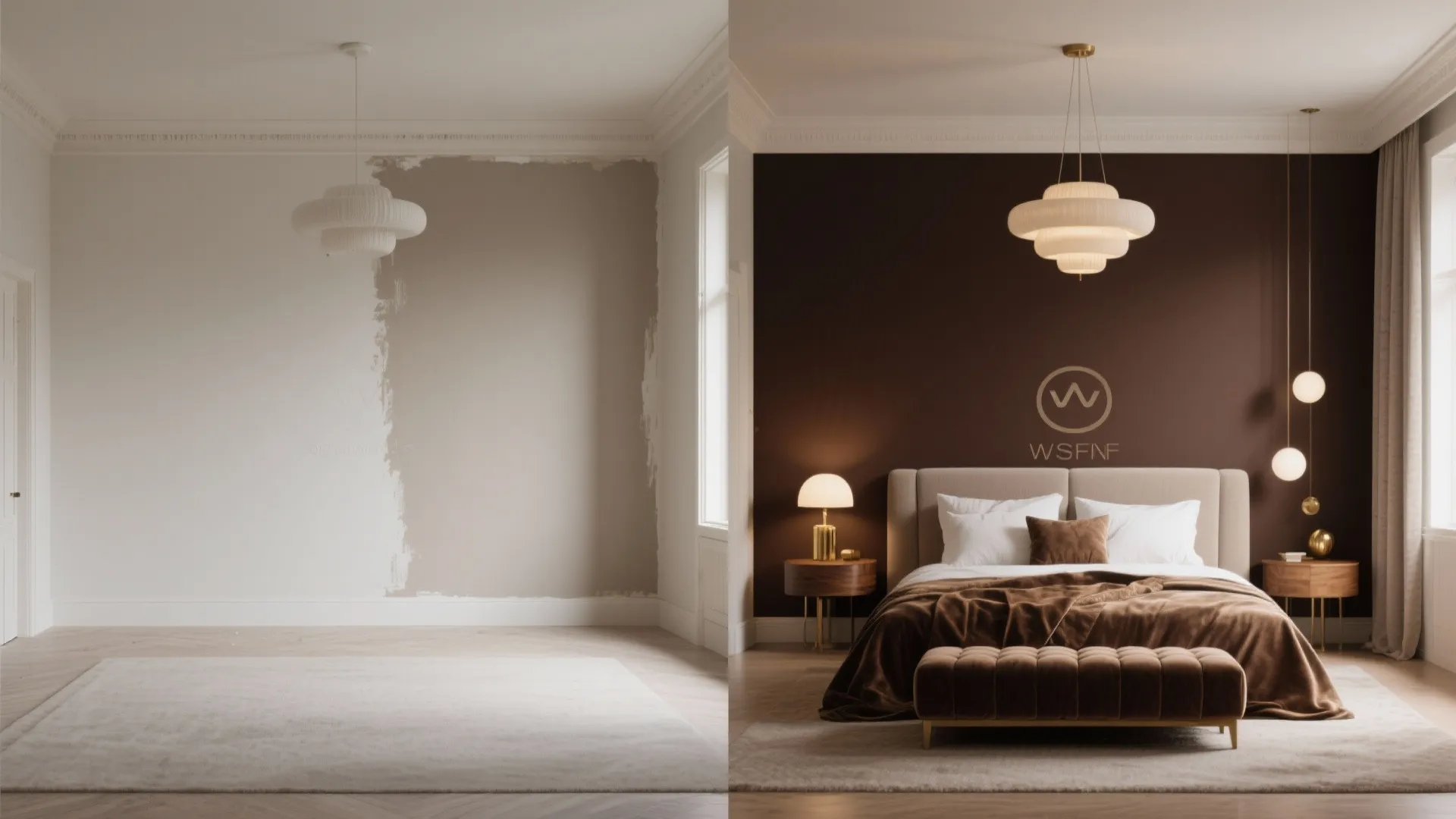 Before and after comparison showing white bedroom wall changing to a dark brown accent wall