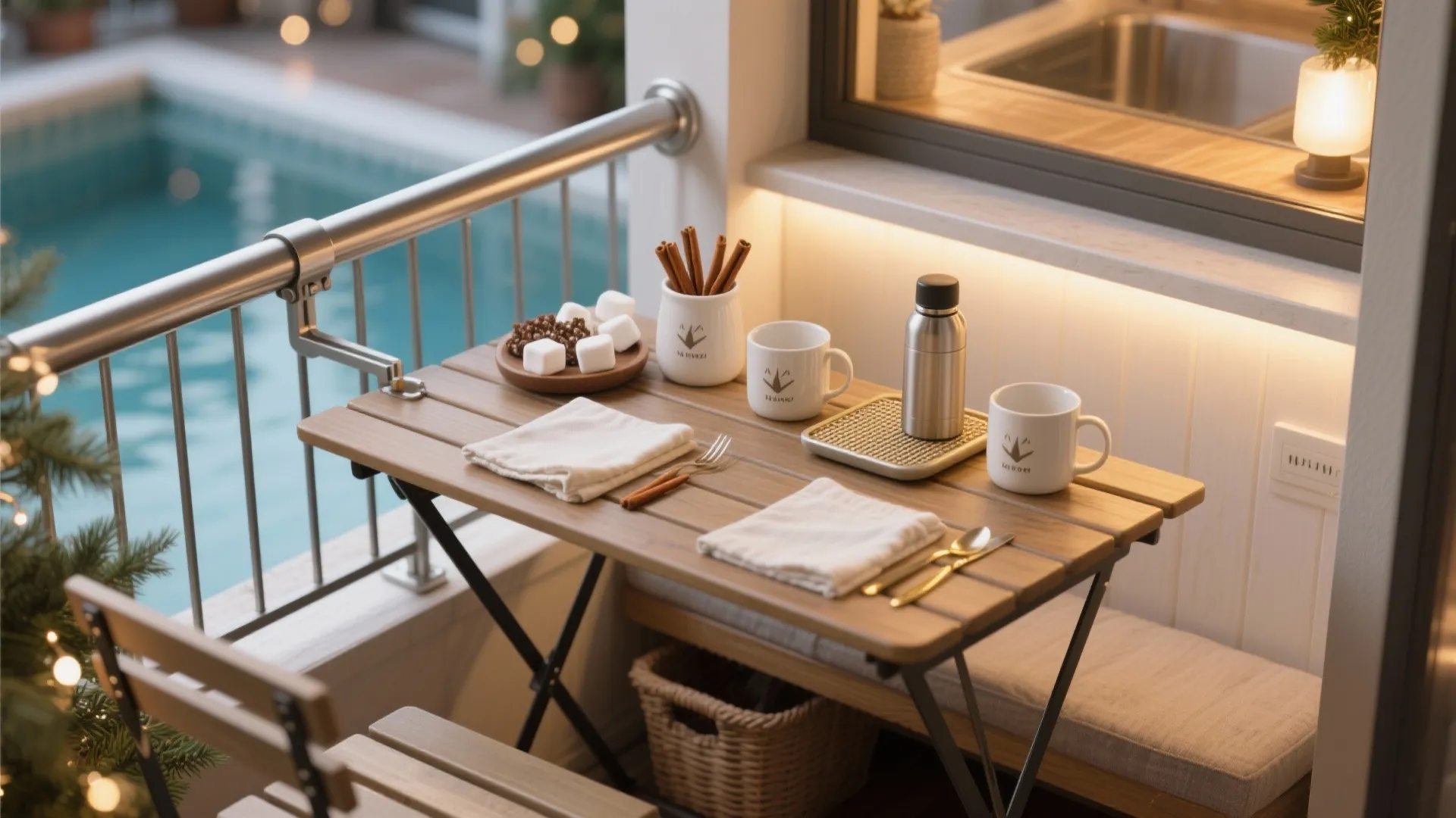 Folding wooden table on a balcony with white mugs marshmallows cinnamon sticks and a small pool